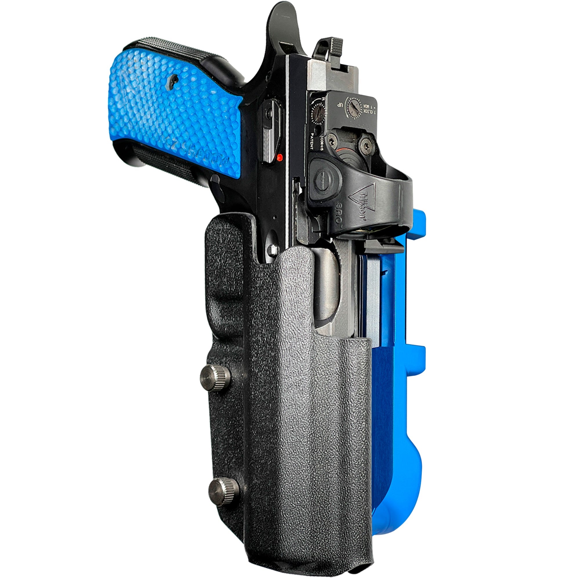 Shadow 2 TEvo Thumb Rest IDPA Quick Mount Holster with Blue Belt Attachment, Black Holster Shell