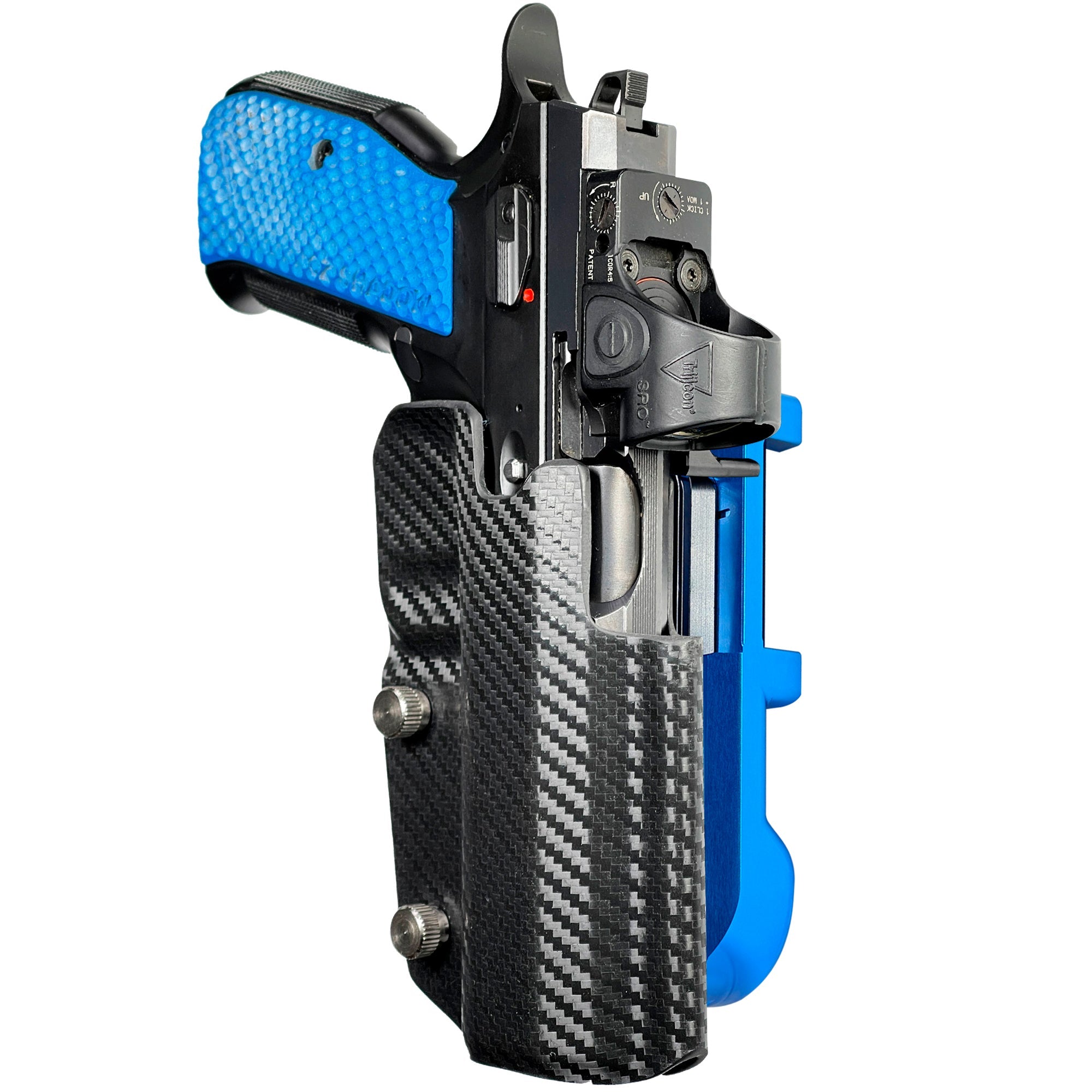 Shadow 2 TEvo Thumb Rest IDPA Quick Mount Holster with Blue Belt Attachment, Carbon Fiber Holster Shell