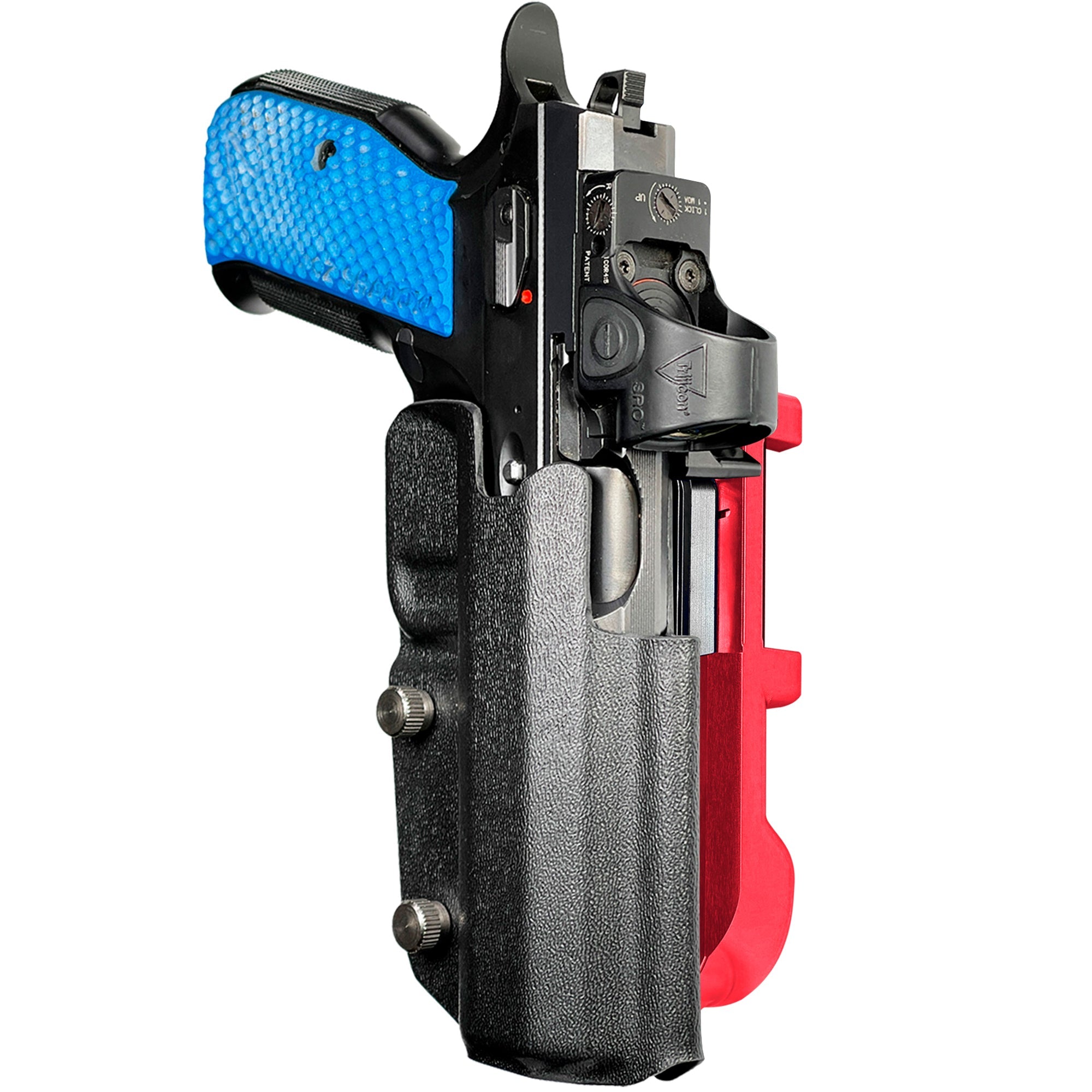 Shadow 2 TEvo Thumb Rest IDPA Quick Mount Holster with Red Belt Attachment, Black Holster Shell