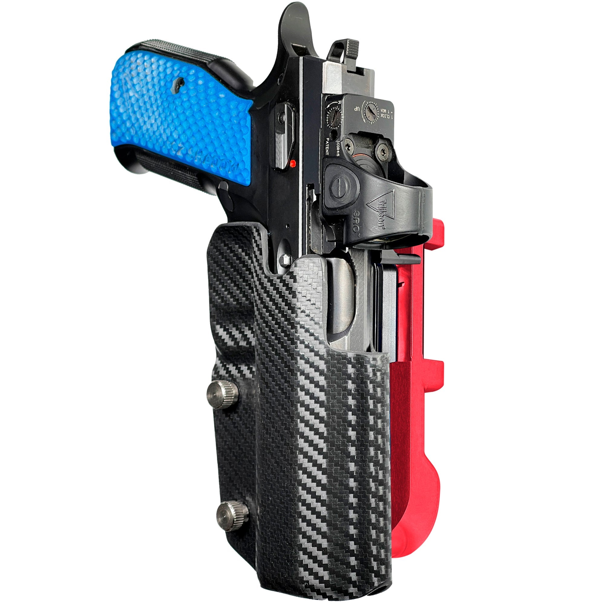 Shadow 2 TEvo Thumb Rest IDPA Quick Mount Holster with Red Belt Attachment, Carbon Fiber Holster Shell