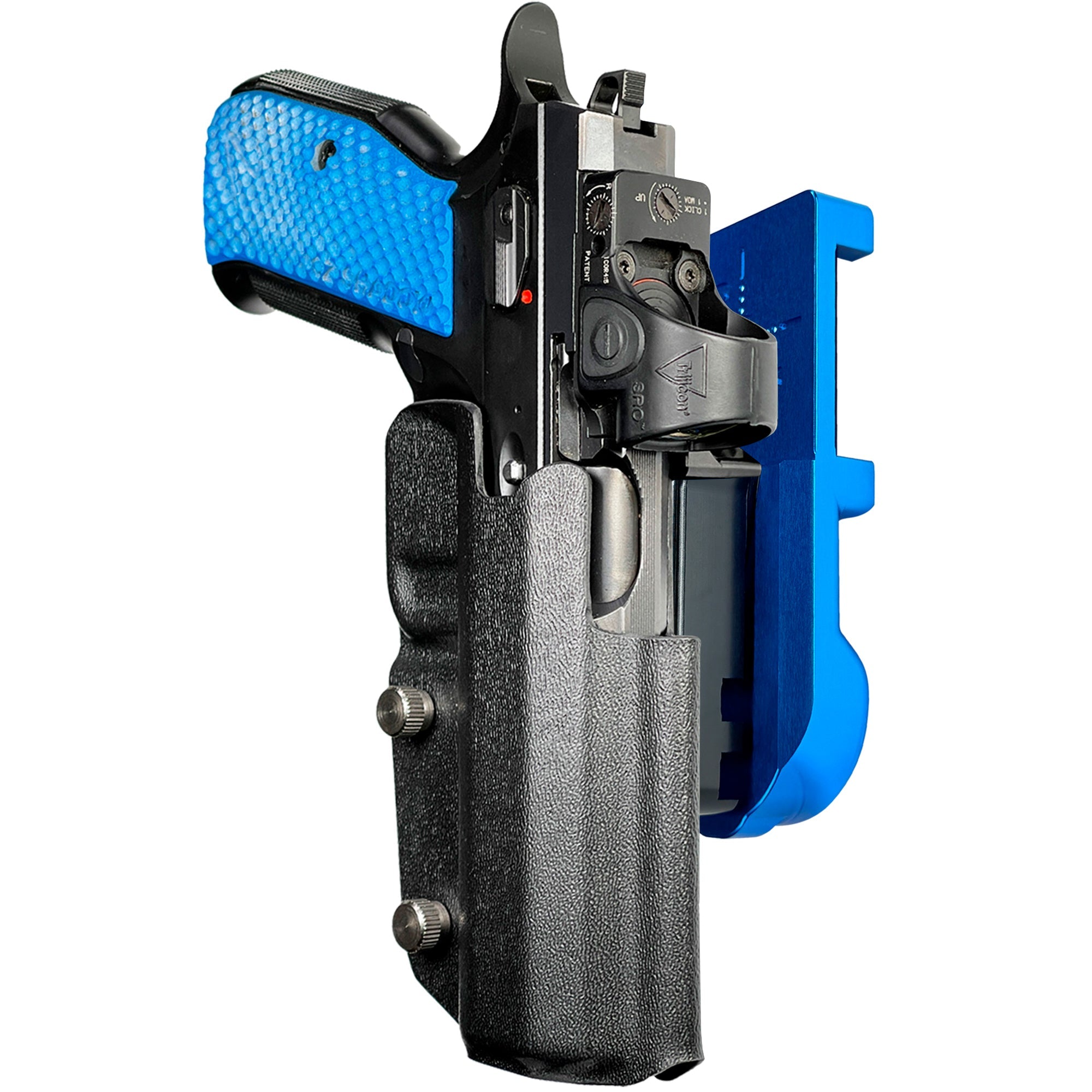 Shadow 2 TEvo Thumb Rest IPSC/USPA Quick Mount Holster with Blue Belt Attachment, Black Holster Shell