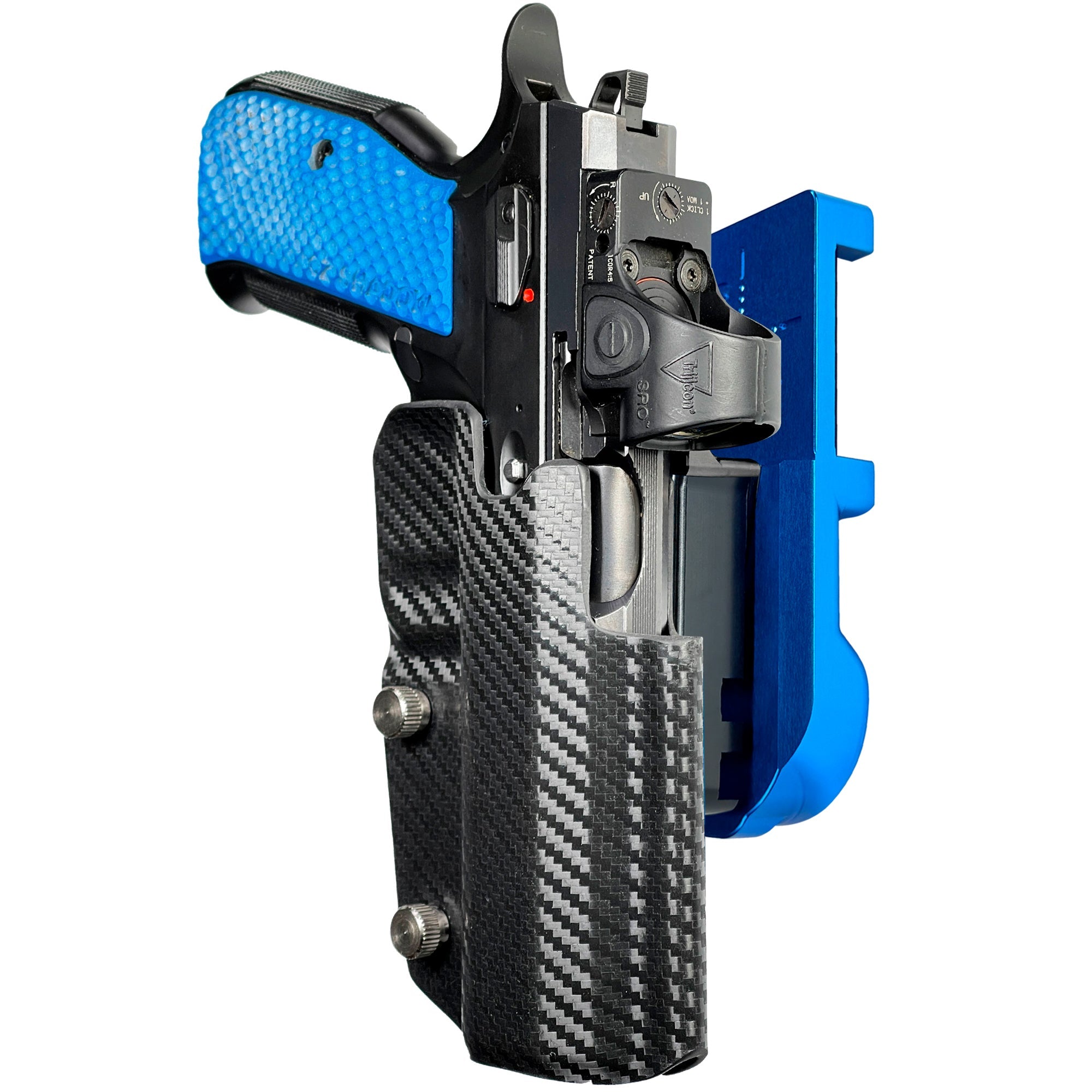 Shadow 2 TEvo Thumb Rest IPSC/USPA Quick Mount Holster with Blue Belt Attachment, Carbon Fiber Holster Shell