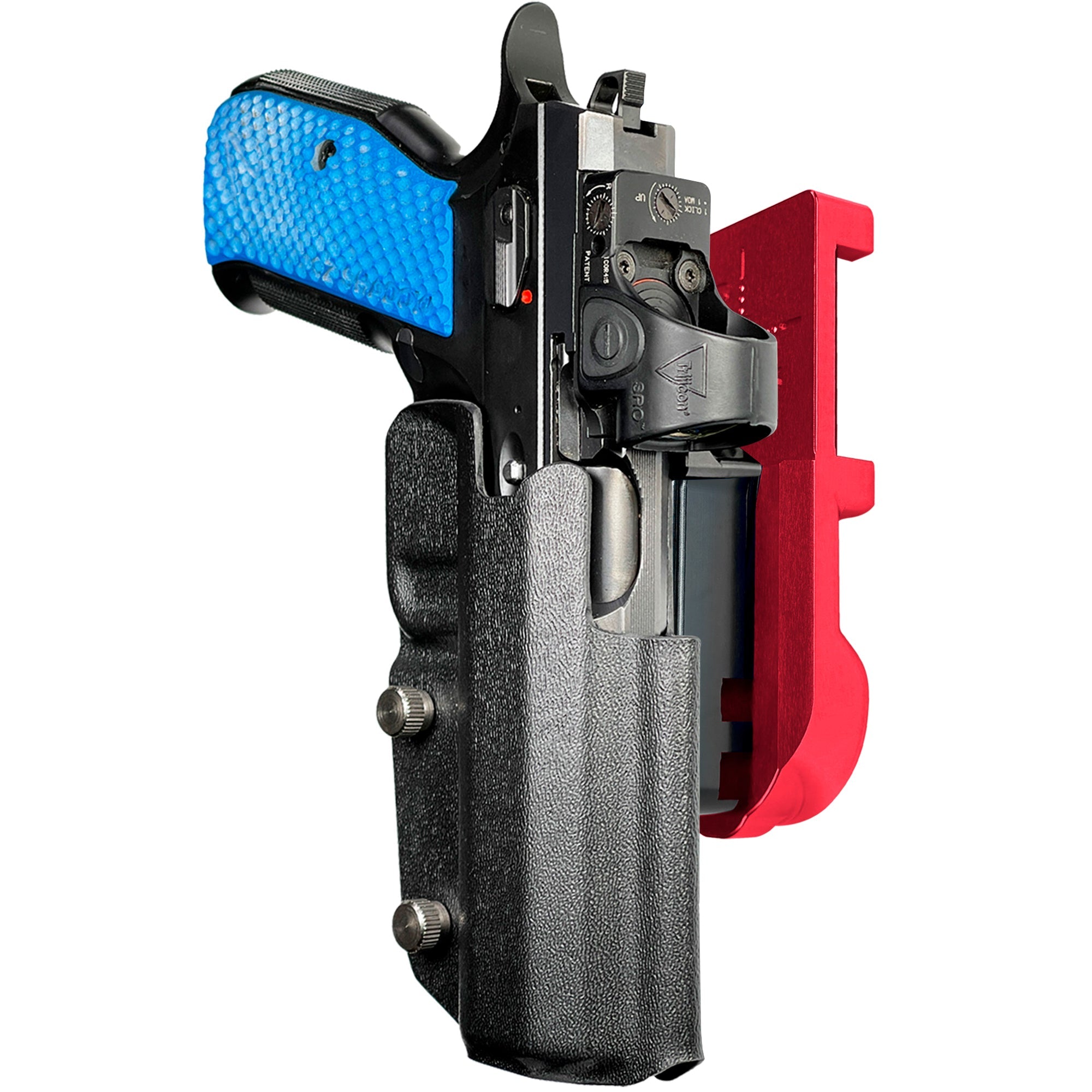 Shadow 2 TEvo Thumb Rest IPSC/USPA Quick Mount Holster with Red Belt Attachment, Black Holster Shell