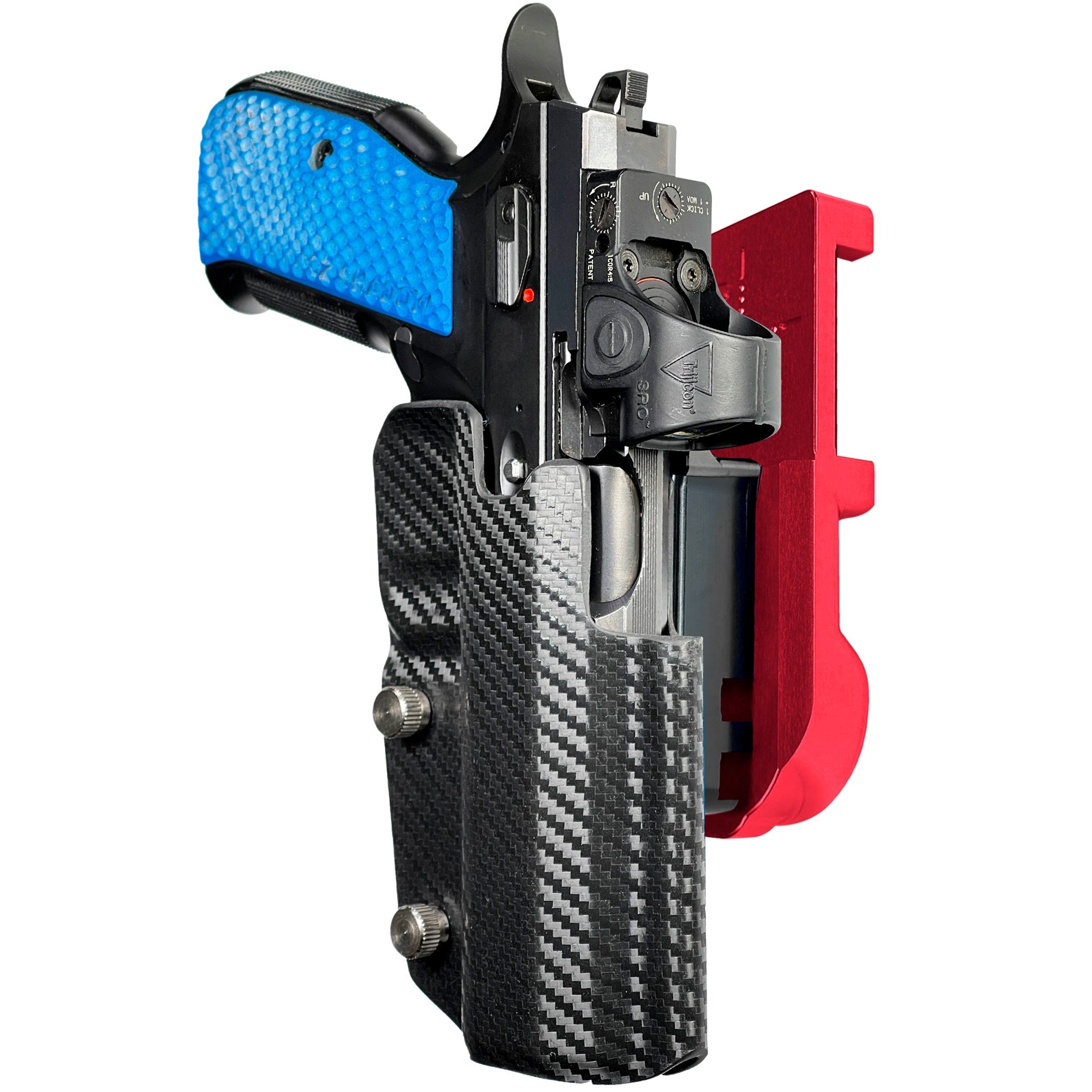 Shadow 2 TEvo Thumb Rest IPSC/USPA Quick Mount Holster with Red Belt Attachment, Carbon Fiber Holster Shell