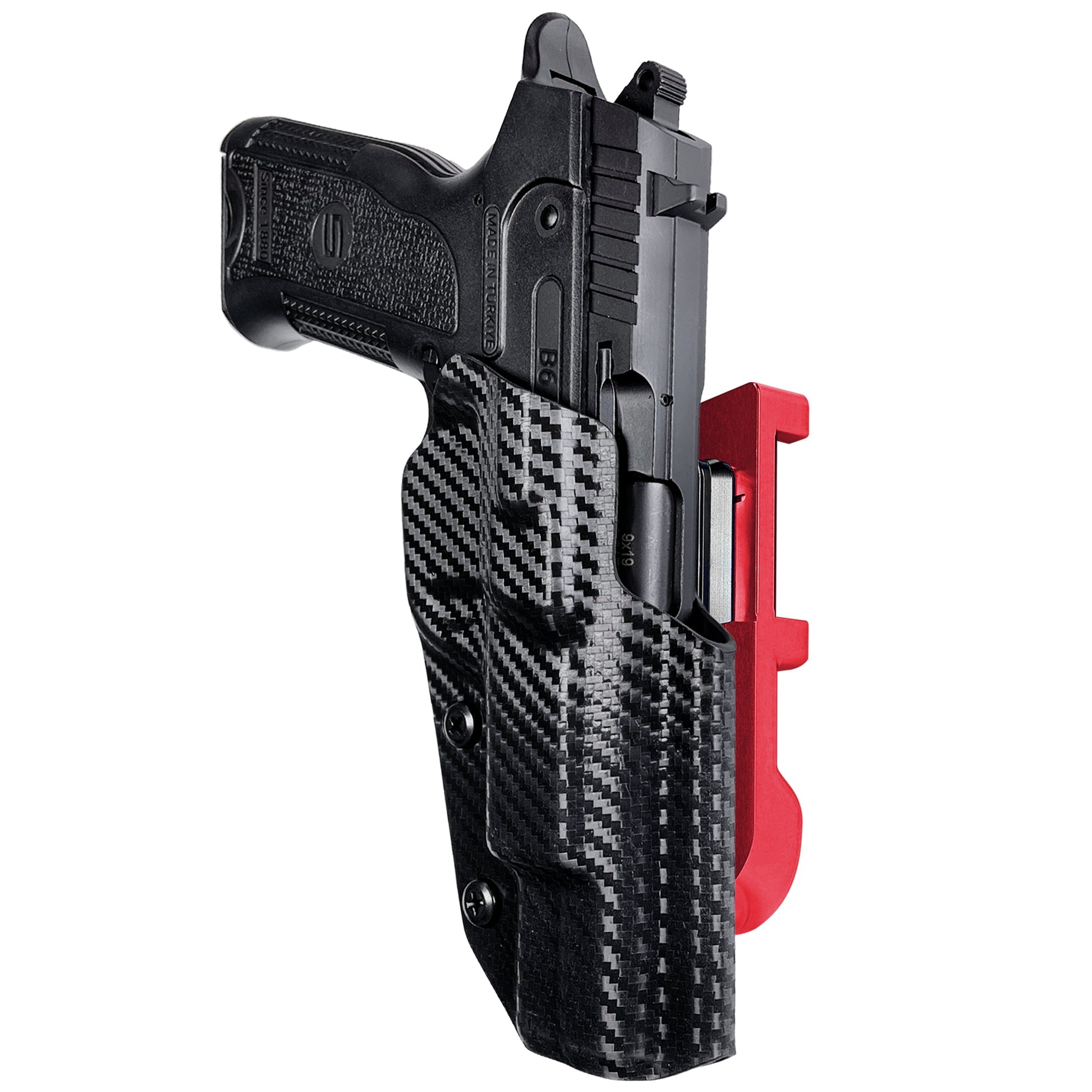 SAR B6 IDPA Quick Mount Holster with Red Belt Attachment, Carbon Fiber Holster Shell
