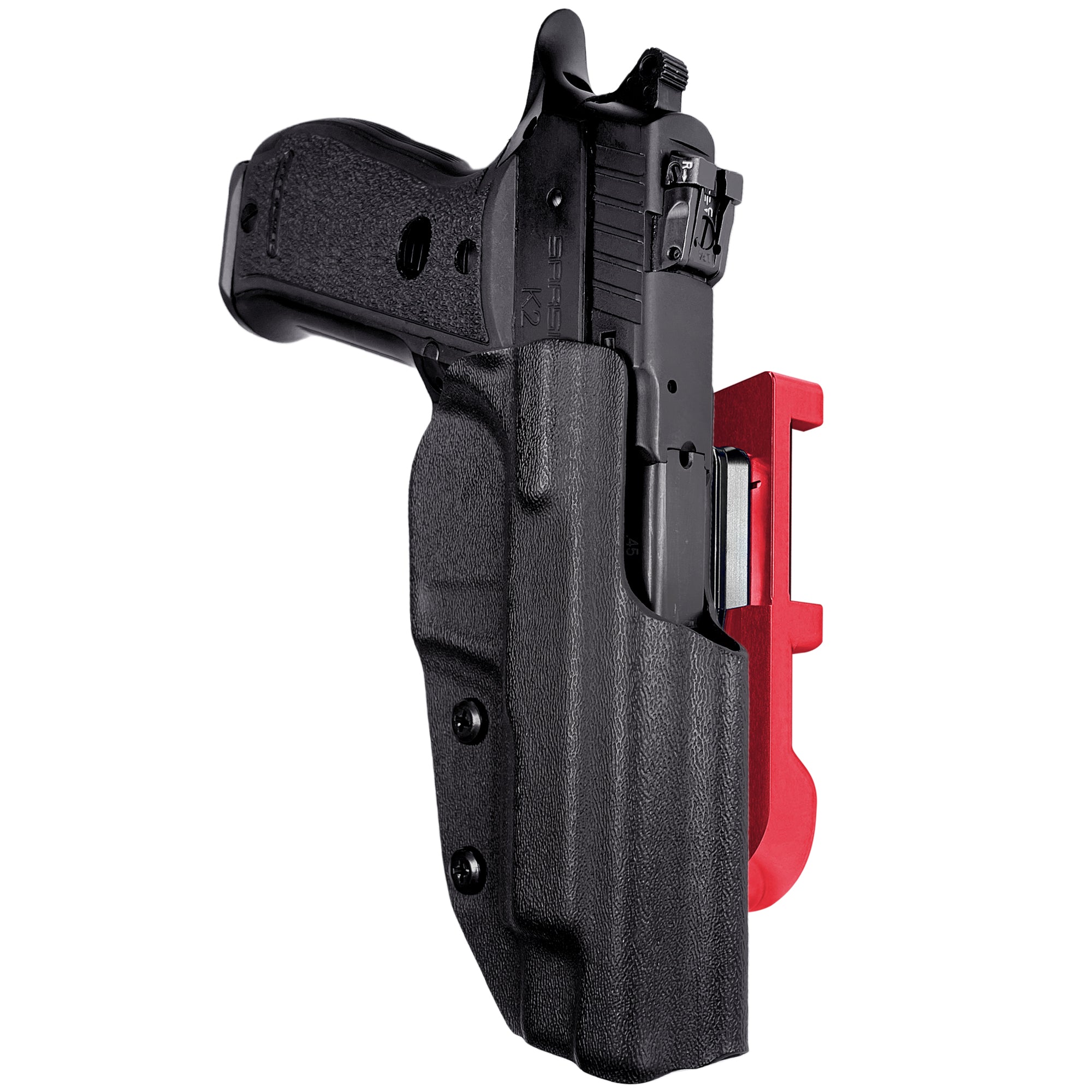 SAR K2 45 IDPA Quick Mount Holster with Red Belt Attachment, Black Holster Shell