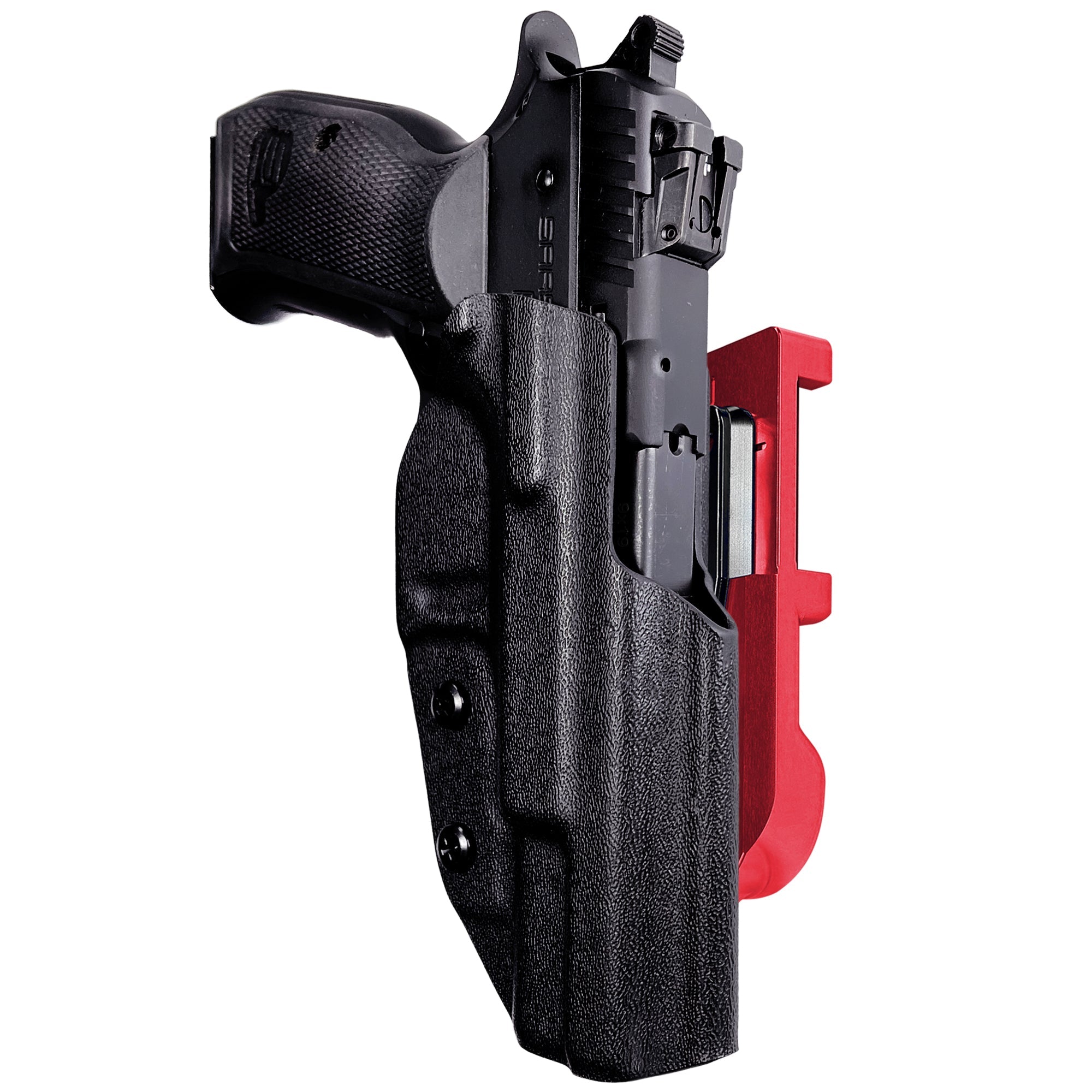 SAR P8L IDPA Quick Mount Holster with Red Belt Attachment, Black Holster Shell