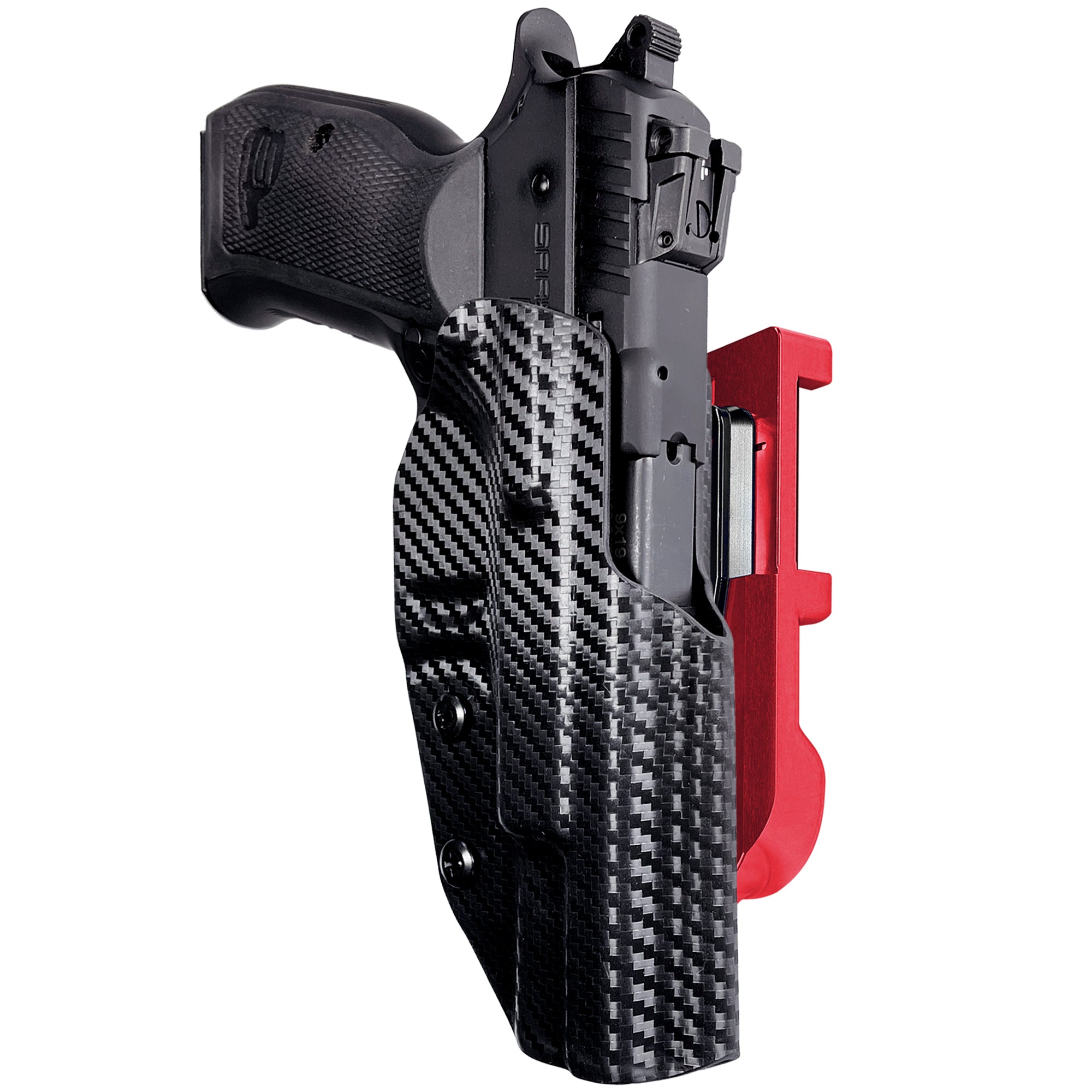 SAR P8L IDPA Quick Mount Holster with Red Belt Attachment, Carbon Fiber Holster Shell