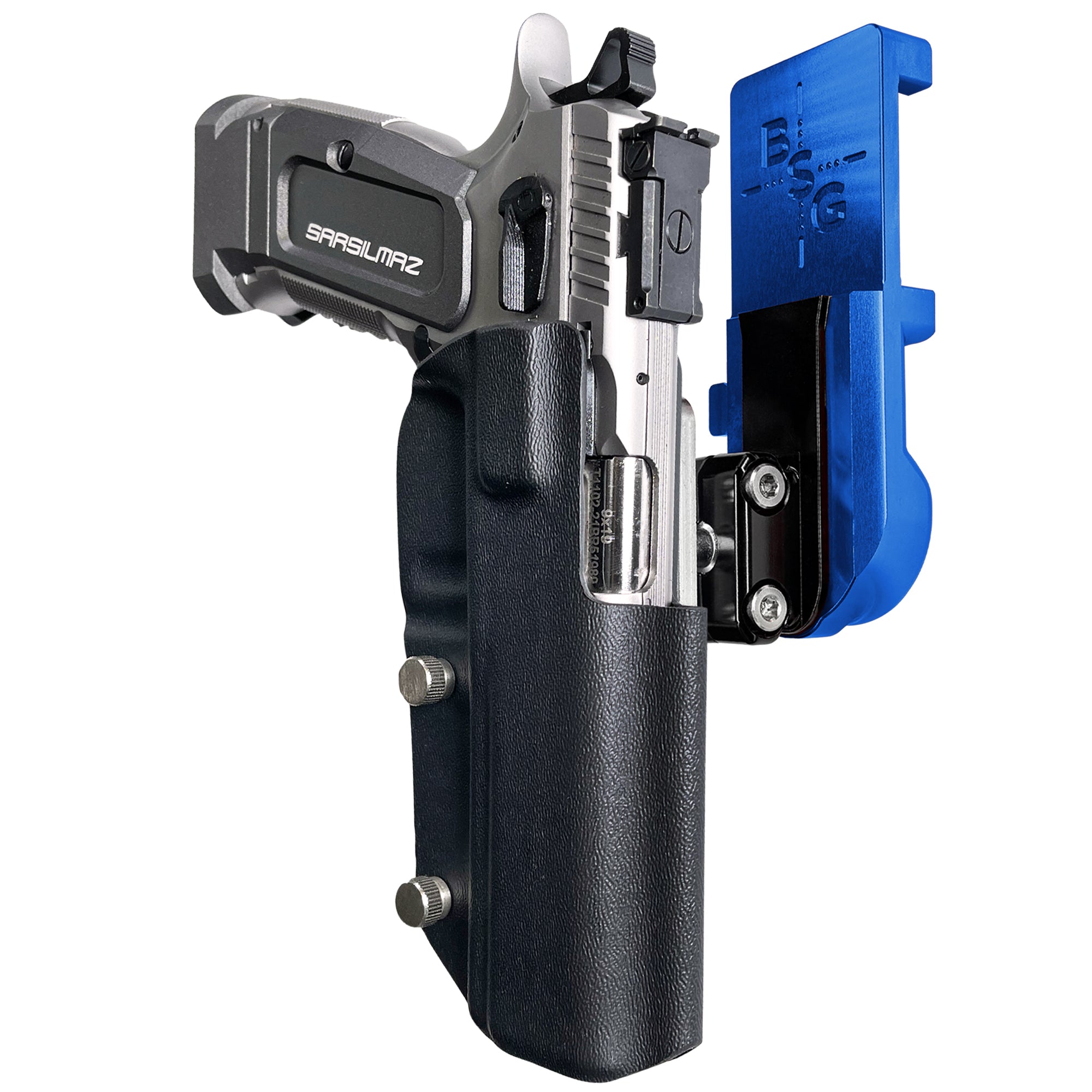 SAR K-12 Sport IPSC/USPA Quick Mount Ball Joint Holster with Blue Belt Attachment, Black Holster Shell