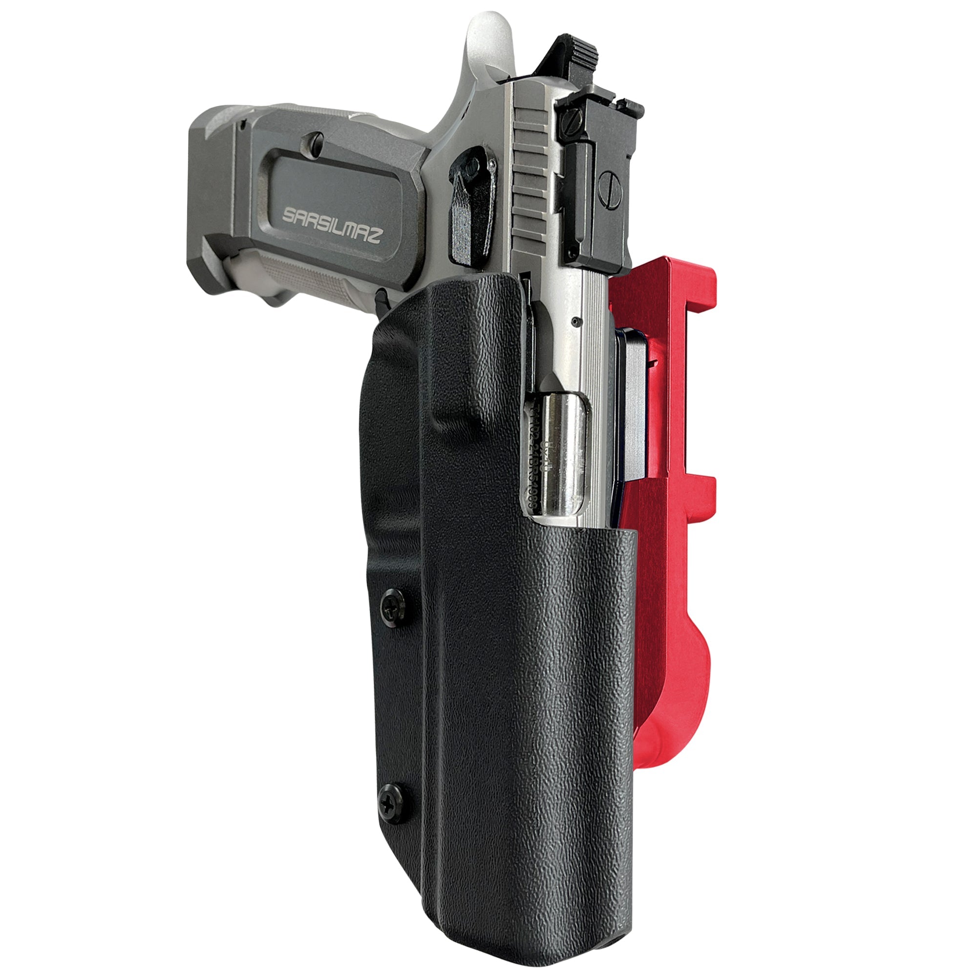 SAR K-12 Sport IDPA Quick Mount Holster with Red Belt Attachment, Black Holster Shell