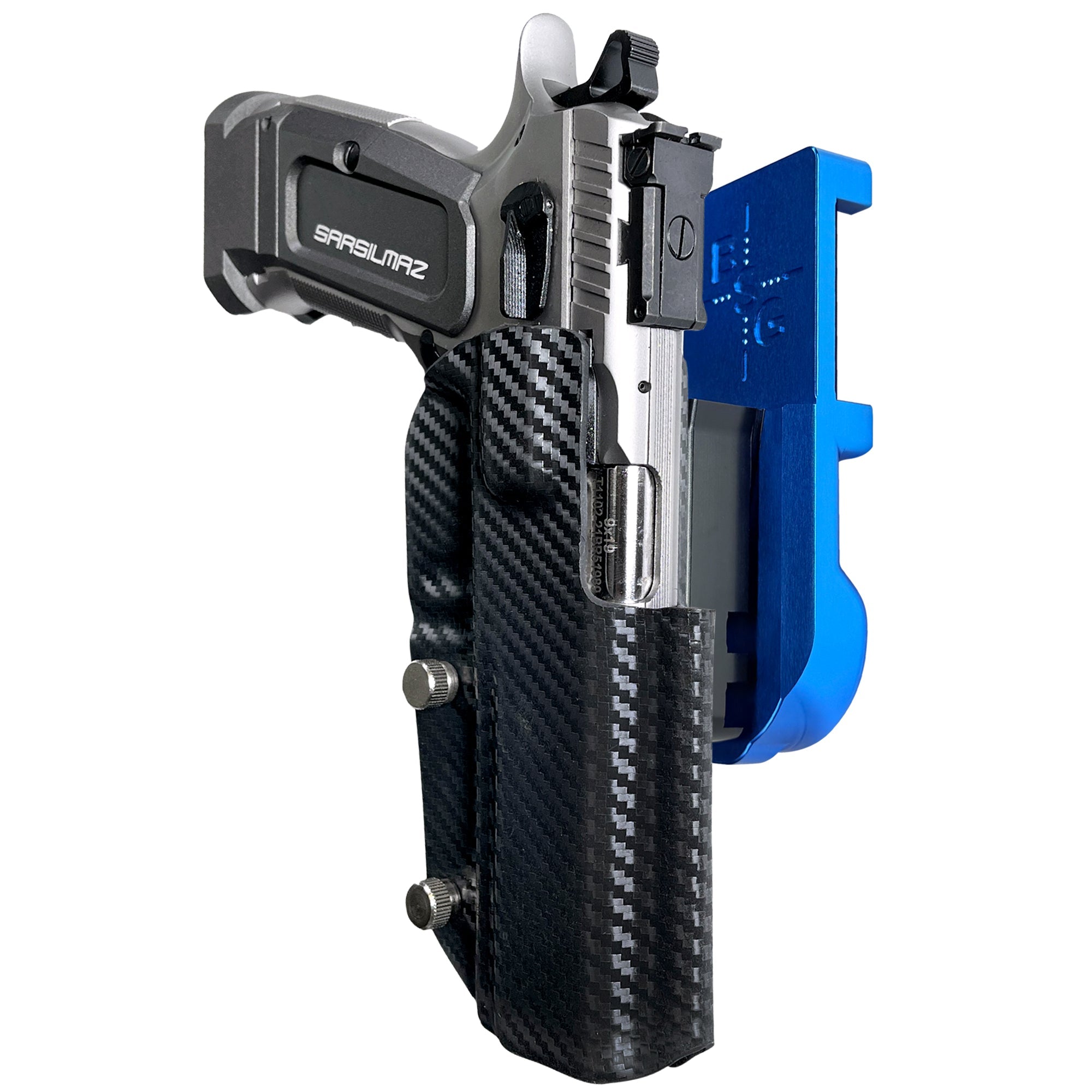 SAR K-12 Sport IPSC/USPA Quick Mount Holster with Blue Belt Attachment, Carbon Fiber Holster Shell