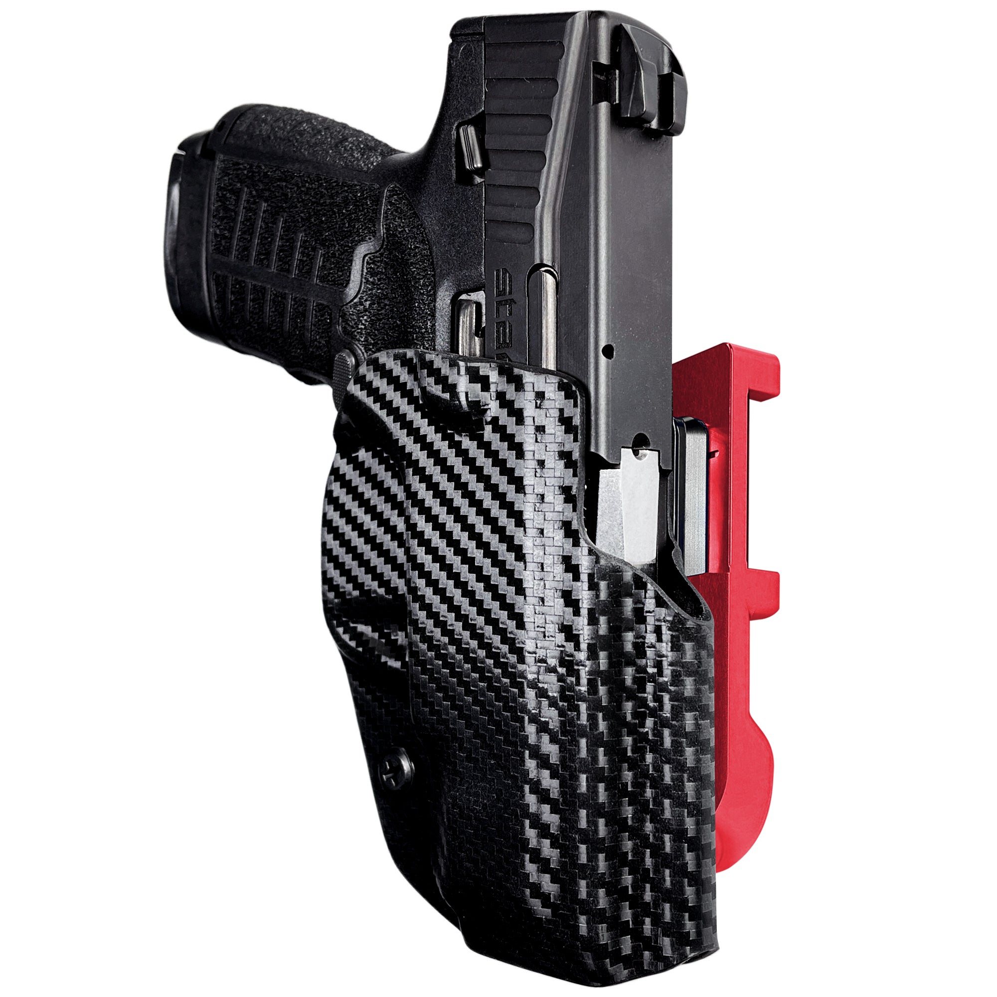 Savage Stance IDPA Quick Mount Holster with Red Belt Attachment, Carbon Fiber Holster Shell