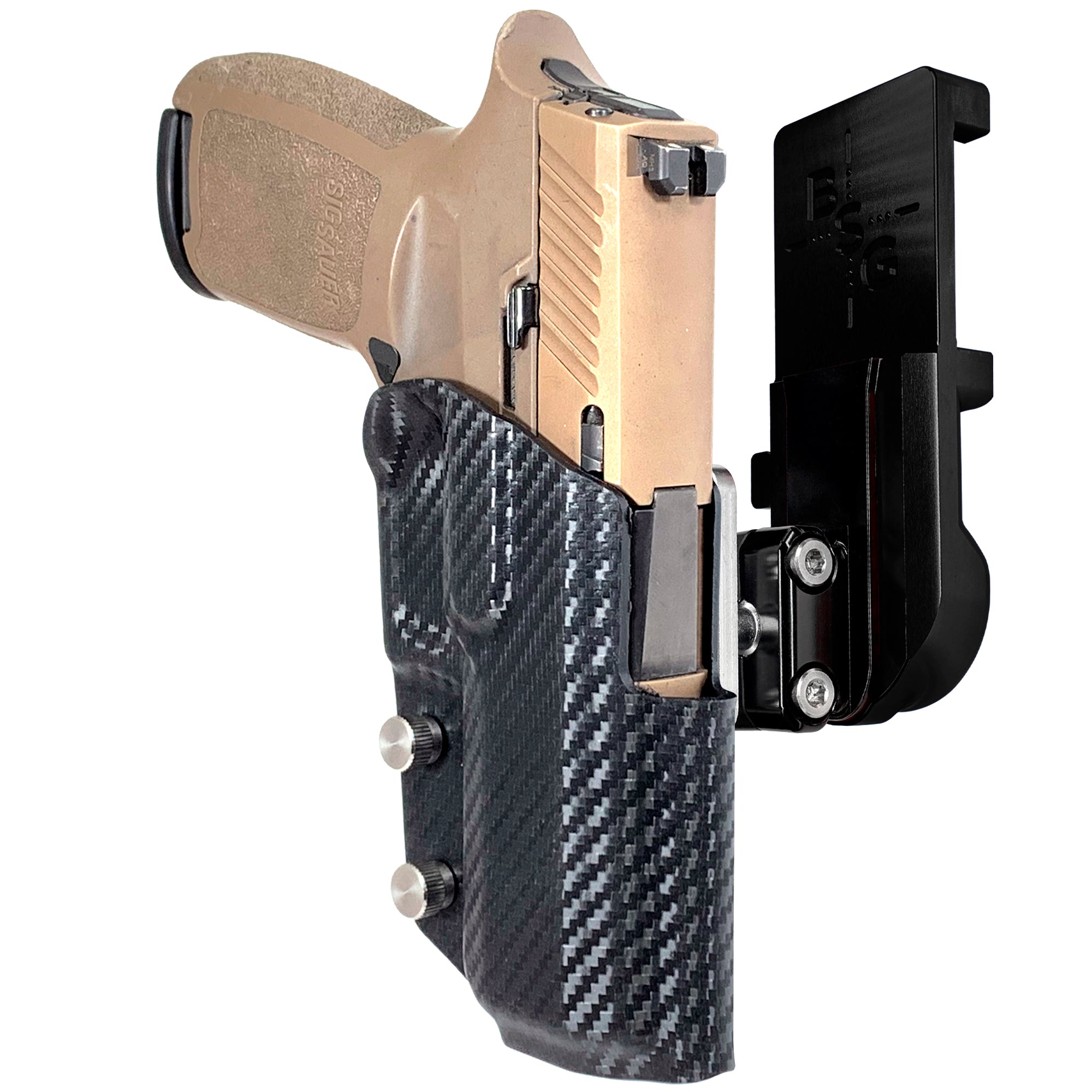 Sig Sauer P320 Compact IPSC/USPA Quick Mount Ball Joint Holster with Black Belt Attachment, Carbon Fiber Holster Shell