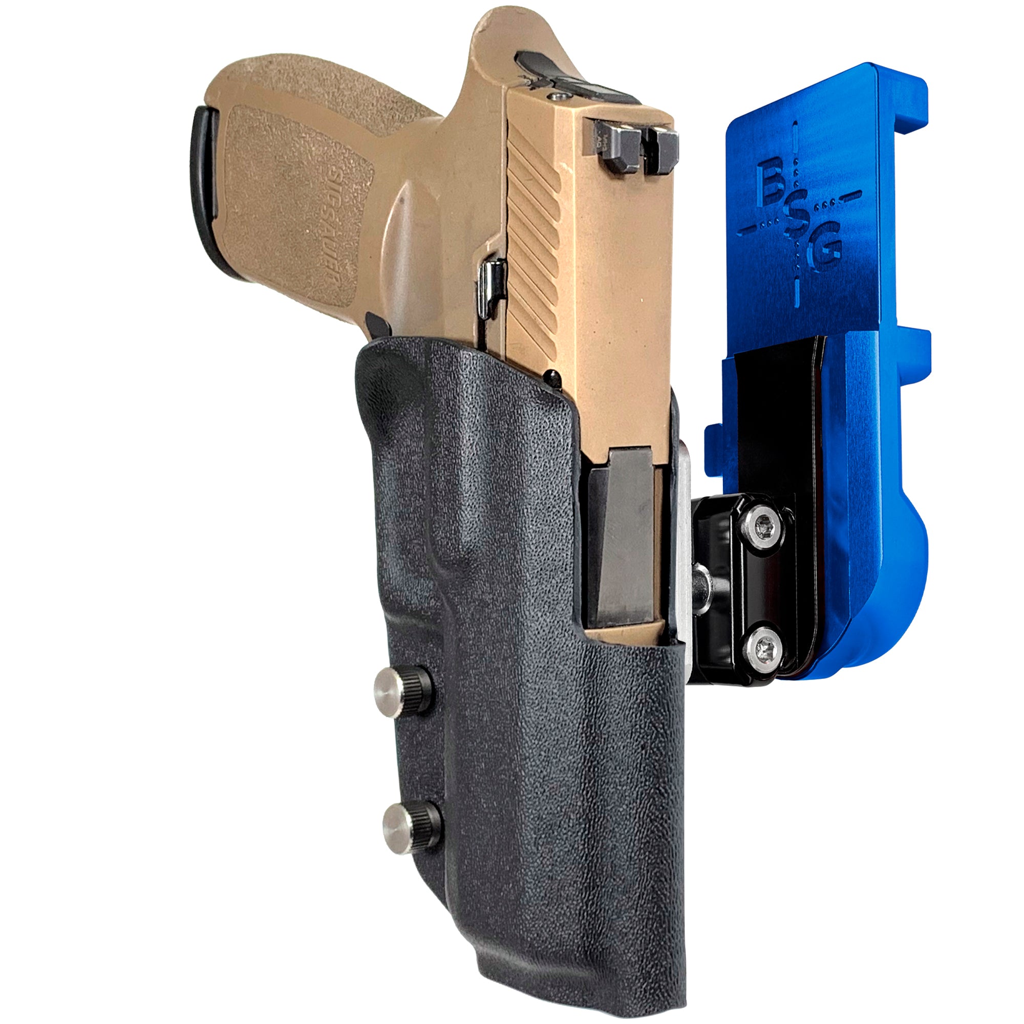Sig Sauer P320 Compact IPSC/USPA Quick Mount Ball Joint Holster with Blue Belt Attachment, Black Holster Shell