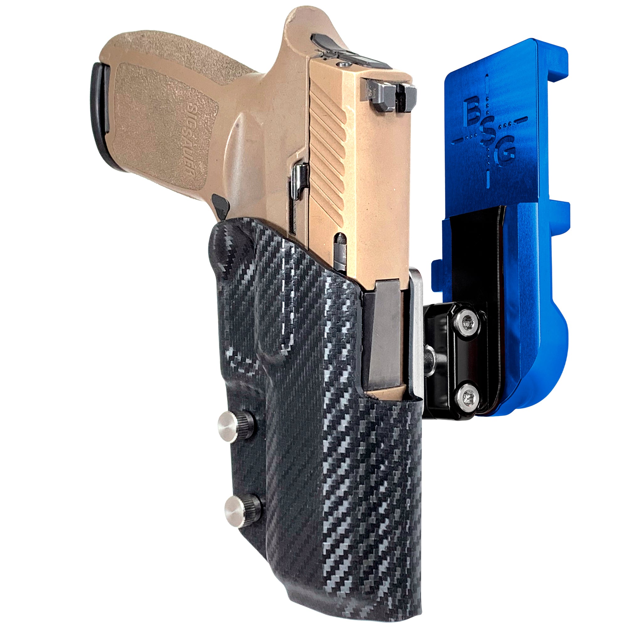 Sig Sauer P320 Compact IPSC/USPA Quick Mount Ball Joint Holster with Blue Belt Attachment, Carbon Fiber Holster Shell
