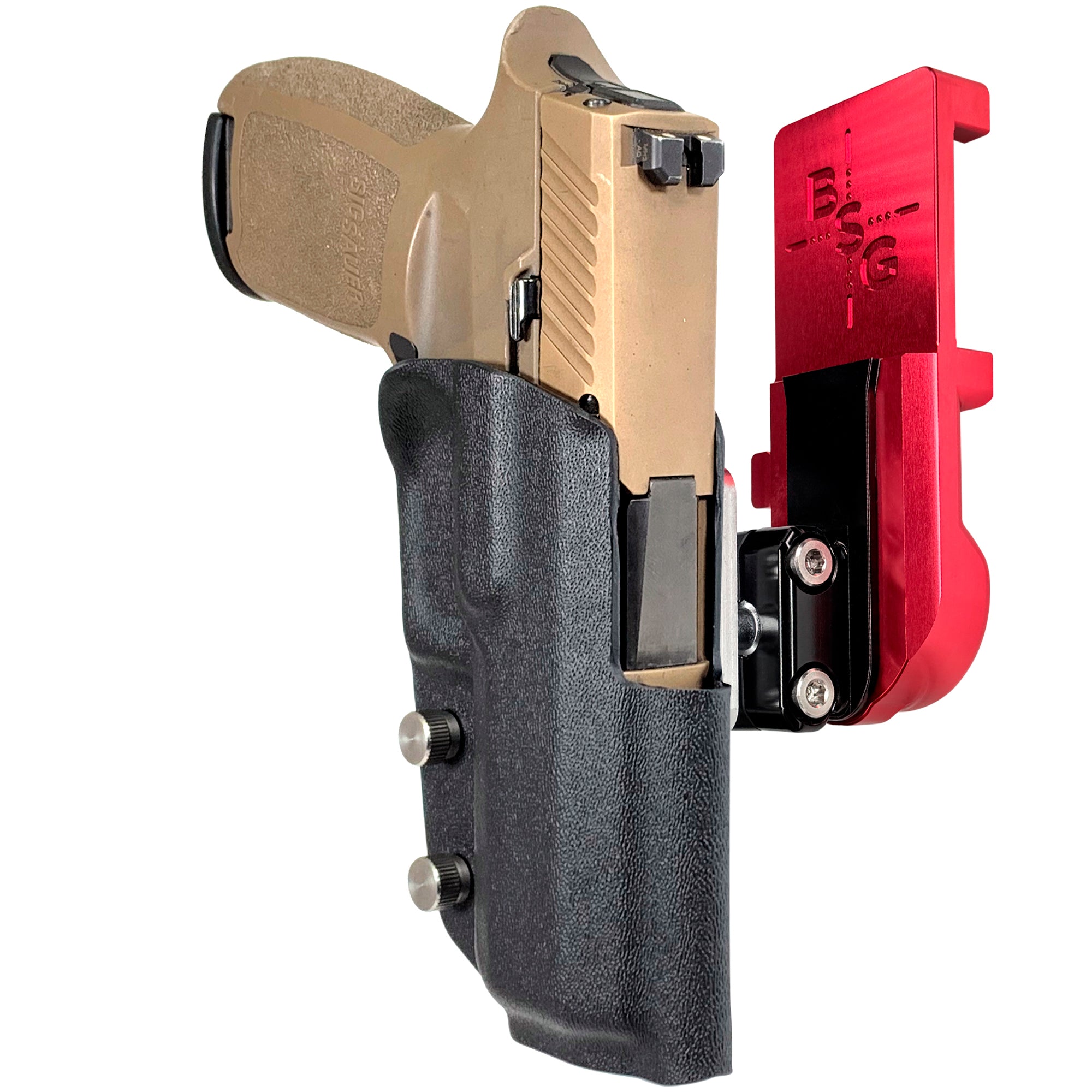 Sig Sauer P320 Compact IPSC/USPA Quick Mount Ball Joint Holster with Red Belt Attachment, Black Holster Shell