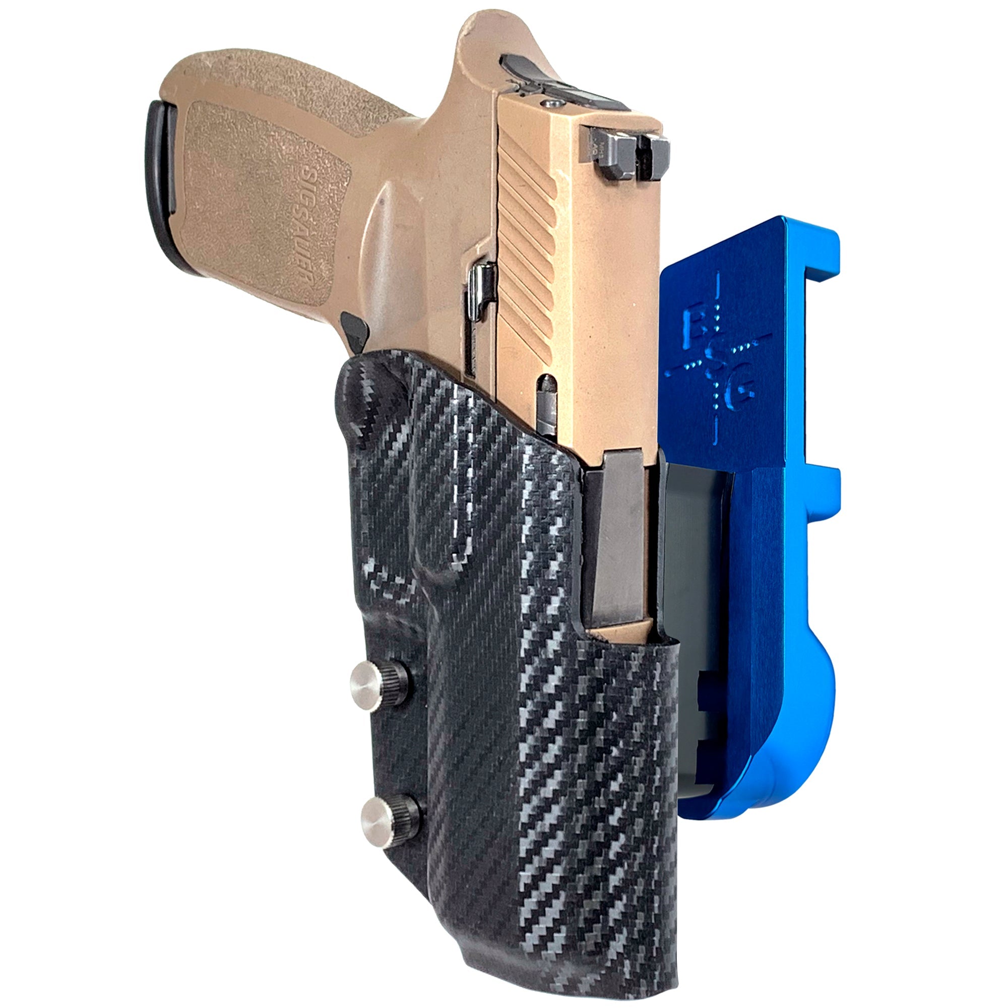 Sig Sauer P320 Compact IPSC/USPA Quick Mount Holster with Blue Belt Attachment, Carbon Fiber Holster Shell
