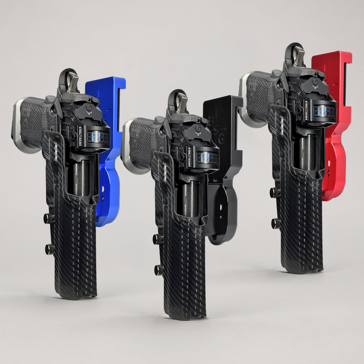 3 holsters for the Sig Sauer P211 GTO in carbon fiber Kydex and 3 belt attachments in anodized aluminum colors
