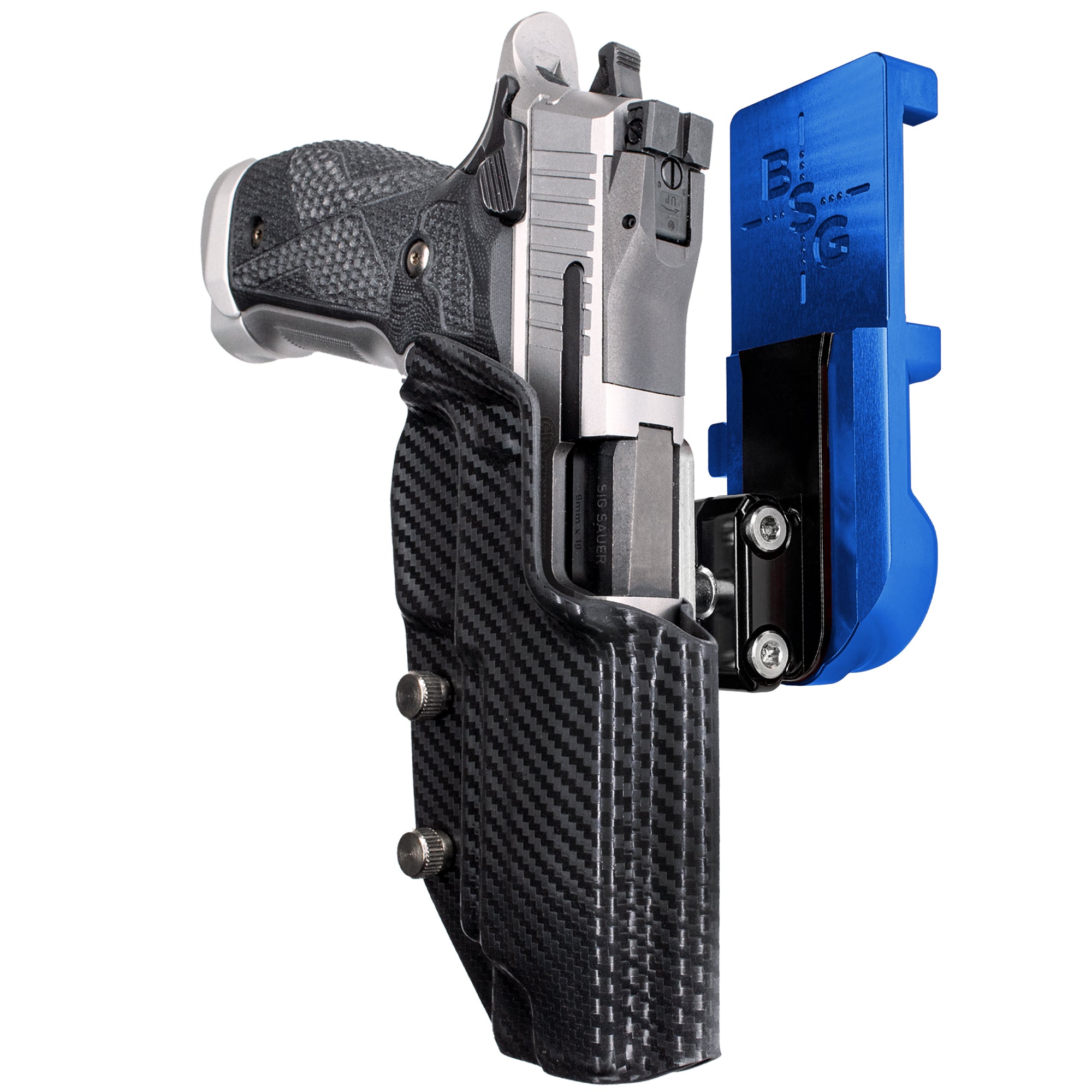 Sig Sauer P226 XFIVE IPSC/USPA Quick Mount Ball Joint Holster with Blue Belt Attachment, Carbon Fiber Holster Shell