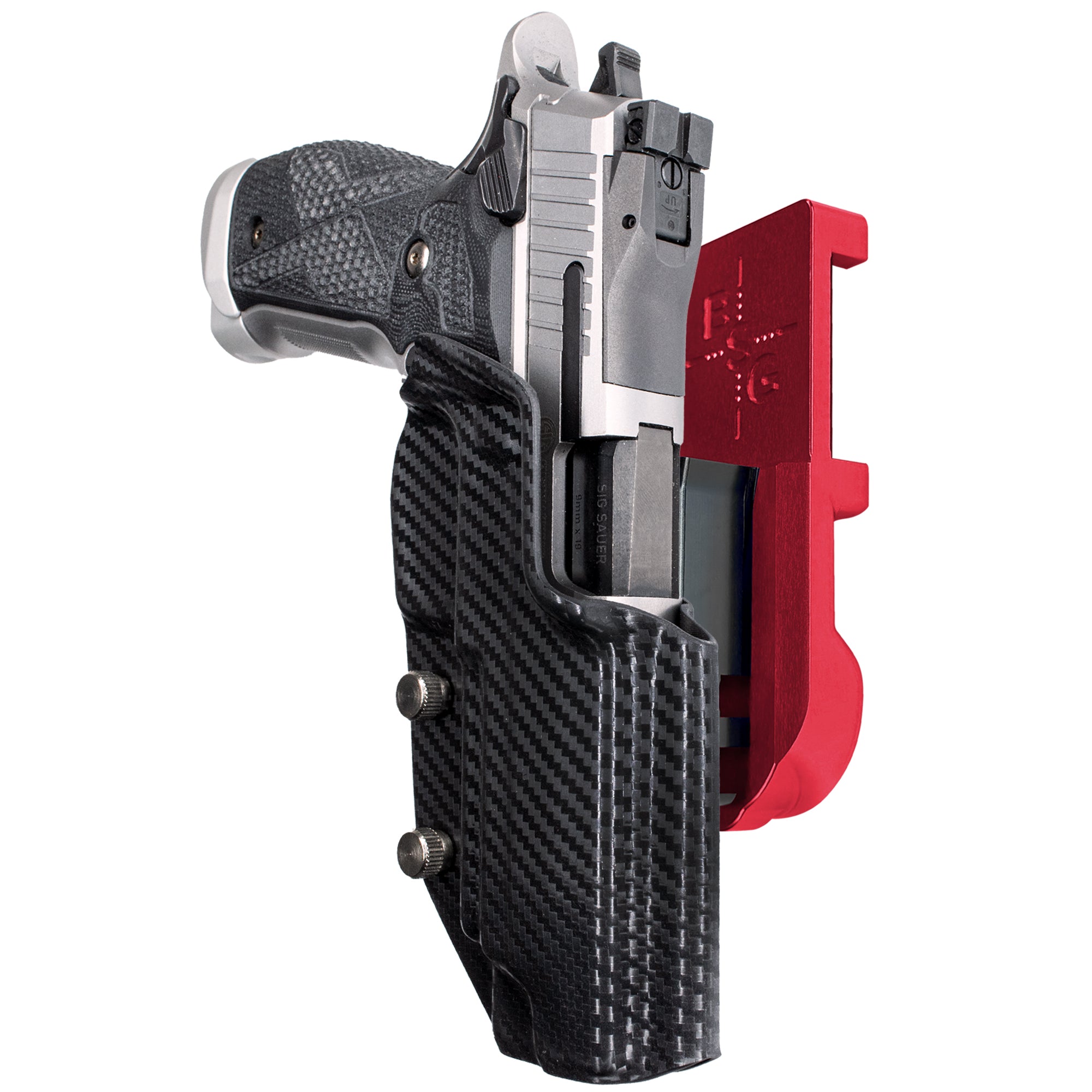 Sig Sauer P226 XFIVE IPSC/USPA Quick Mount Holster with Red Belt Attachment, Carbon Fiber Holster Shell