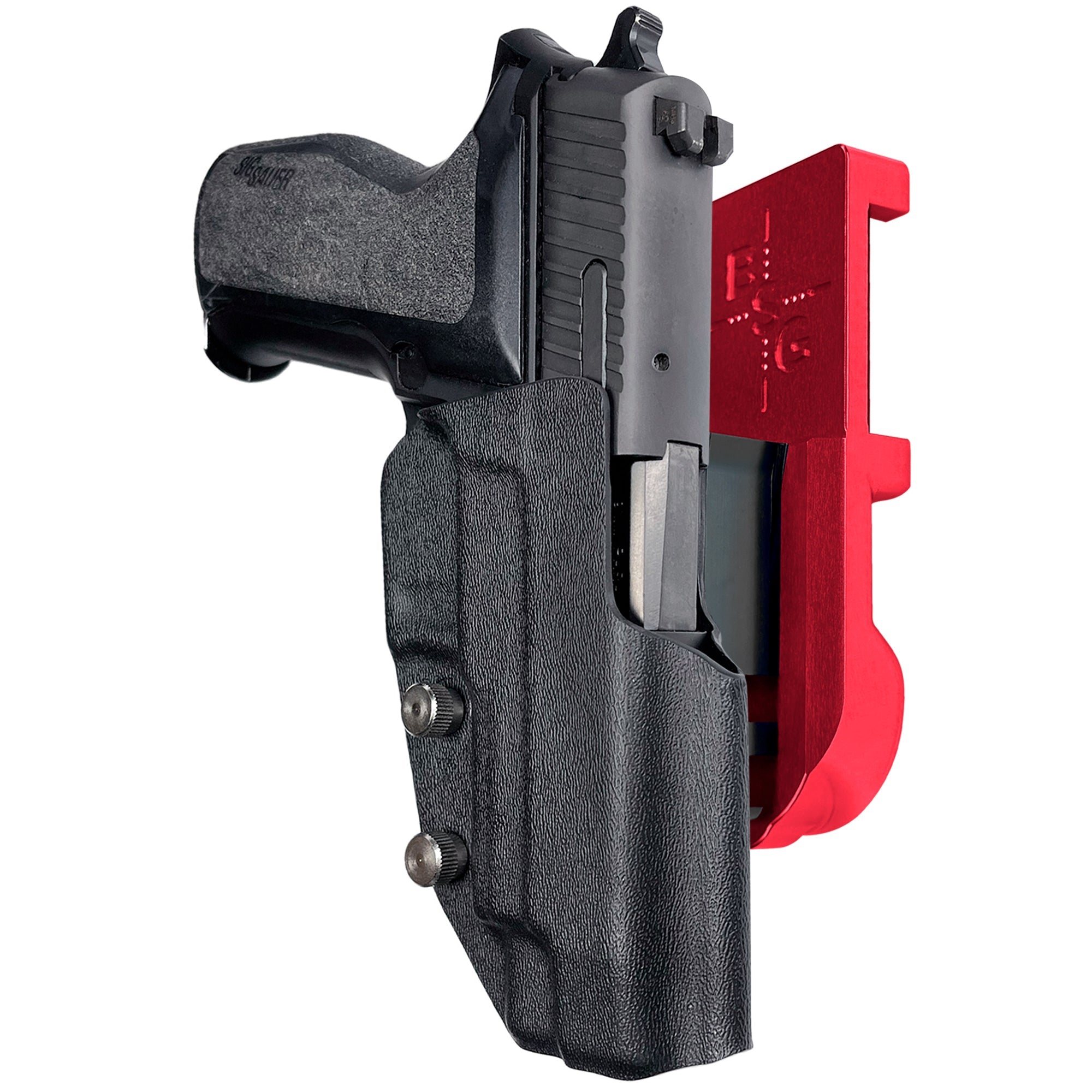 Sig Sauer P226 w/ Rail IPSC/USPA Quick Mount Holster with Red Belt Attachment, Black Holster Shell