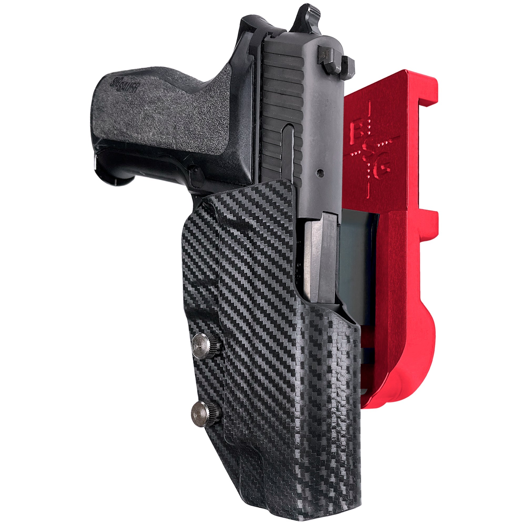 Sig Sauer P226 w/ Rail IPSC/USPA Quick Mount Holster with Red Belt Attachment, Carbon Fiber Holster Shell