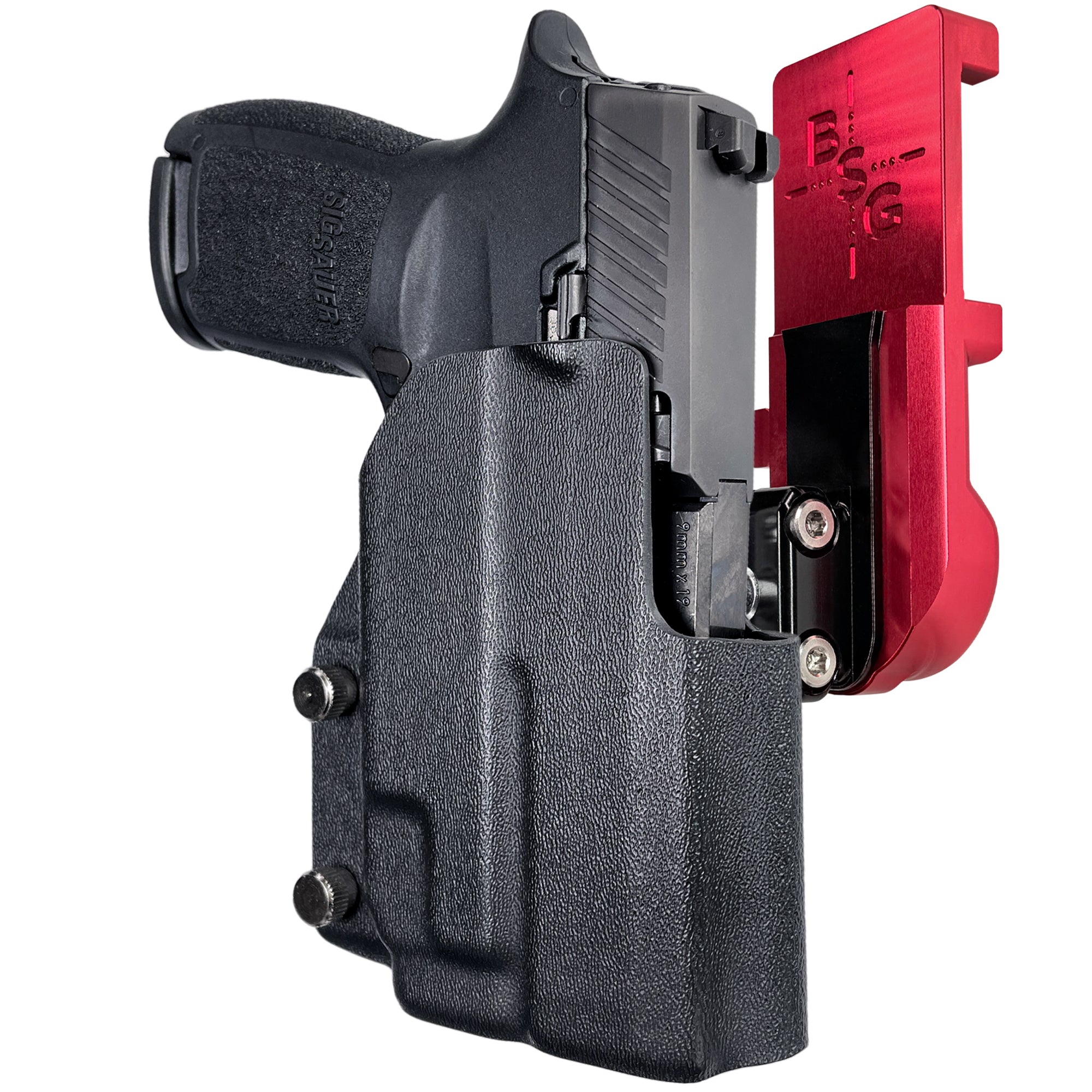 Sig P320 Compact w/ TLR7A IPSC/USPA Quick Mount Ball Joint Holster with Red Belt Attachment, Black Holster Shell