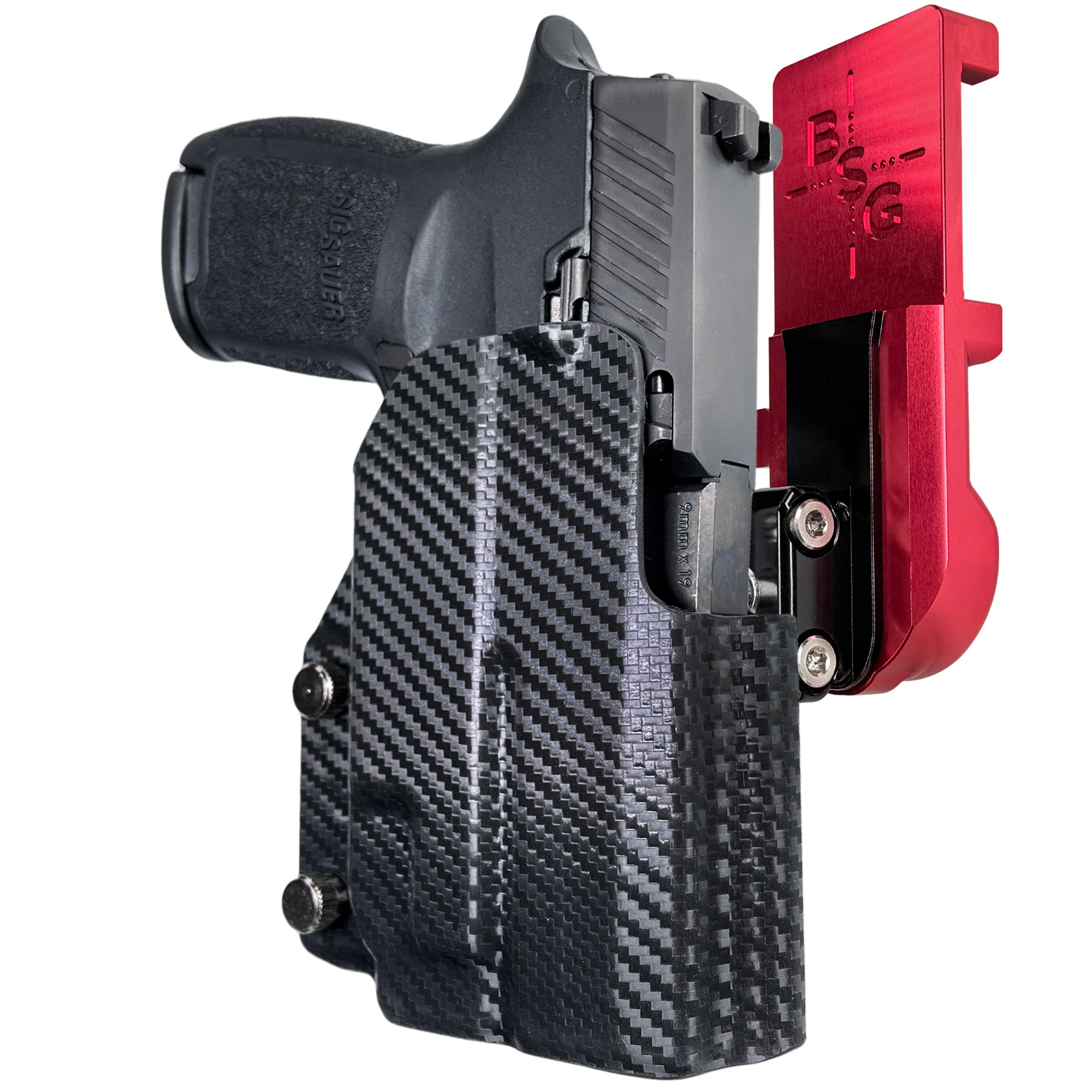 Sig P320 Compact w/ TLR7A IPSC/USPA Quick Mount Ball Joint Holster with Red Belt Attachment, Carbon Fiber Holster Shell