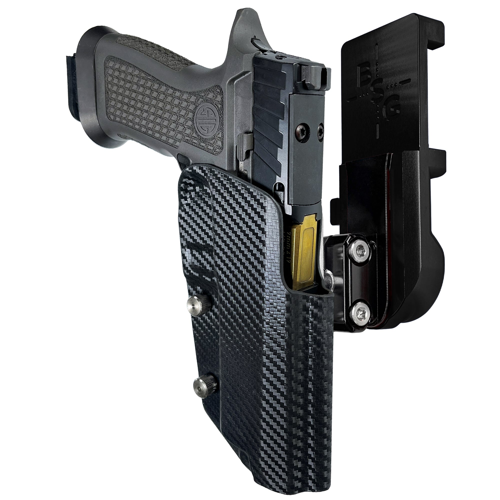Sig P320 Full Size IPSC/USPA Quick Mount Ball Joint Holster with Black Belt Attachment, Carbon Fiber Holster Shell