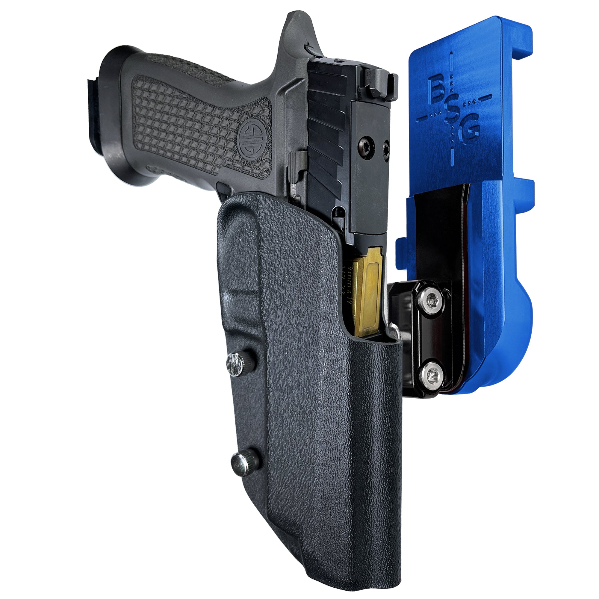 Sig P320 Full Size IPSC/USPA Quick Mount Ball Joint Holster with Blue Belt Attachment, Black Holster Shell