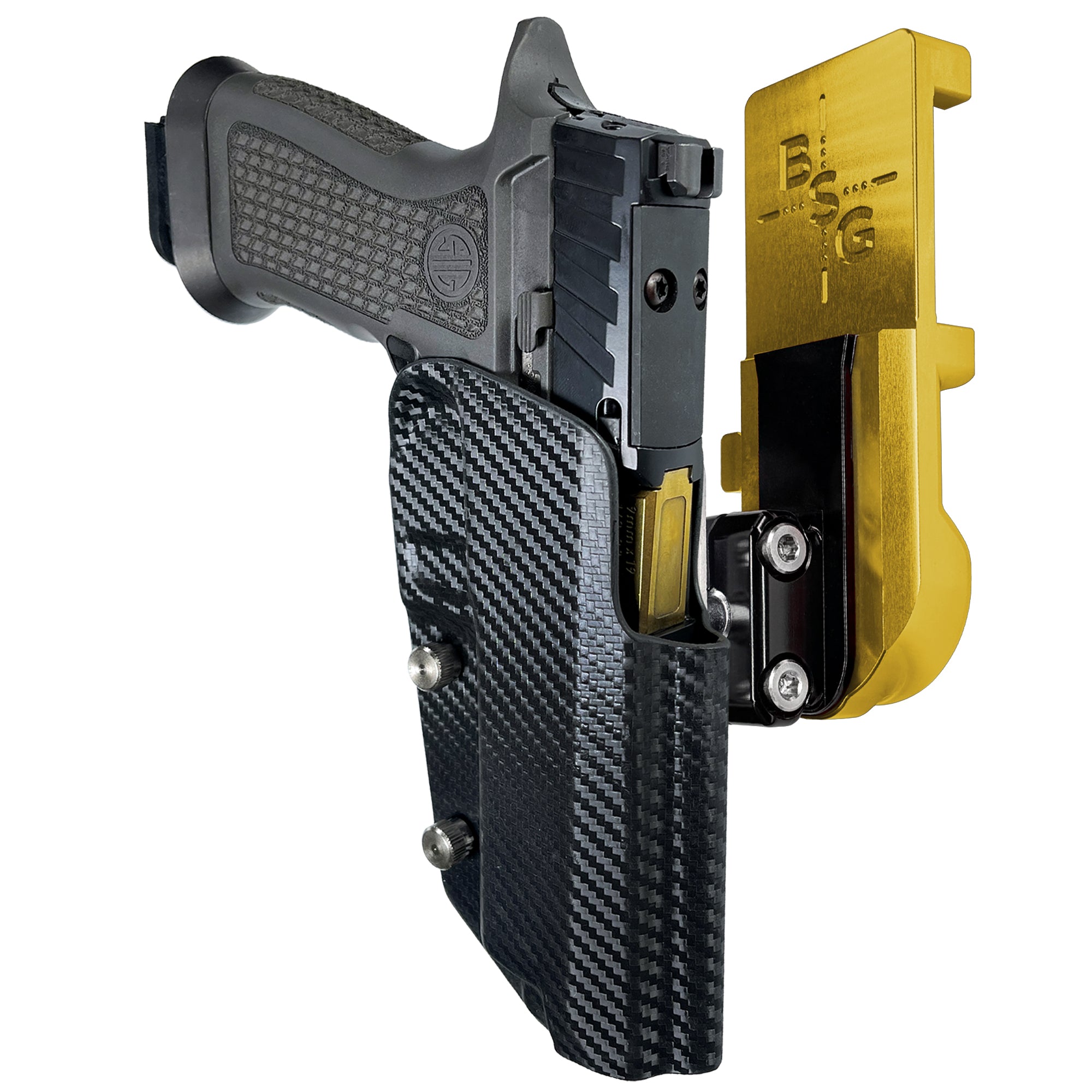 Sig P320 Full Size IPSC/USPA Quick Mount Ball Joint Holster with 24K Gold Belt Attachment, Carbon Fiber Holster Shell