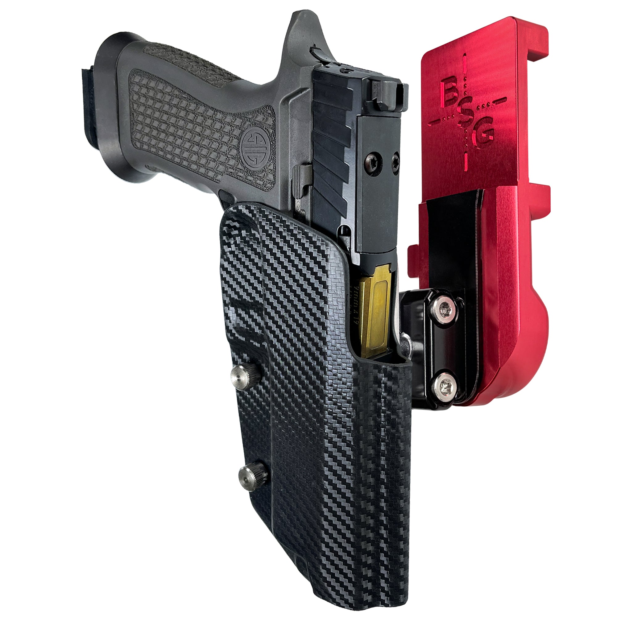 Sig P320 Full Size IPSC/USPA Quick Mount Ball Joint Holster with Red Belt Attachment, Carbon Fiber Holster Shell