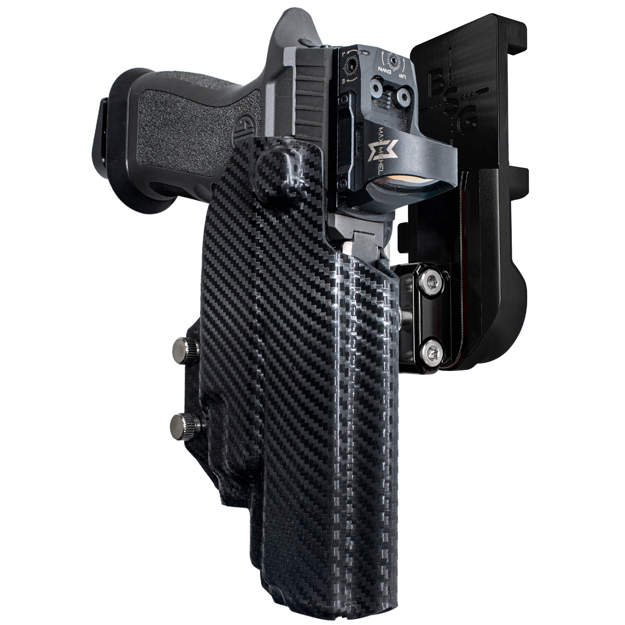 Sig P320 FS w TLR-7A/TLR-8A IPSC/USPA Quick Mount Ball Joint Holster with Black Belt Attachment, Carbon Fiber Holster Shell
