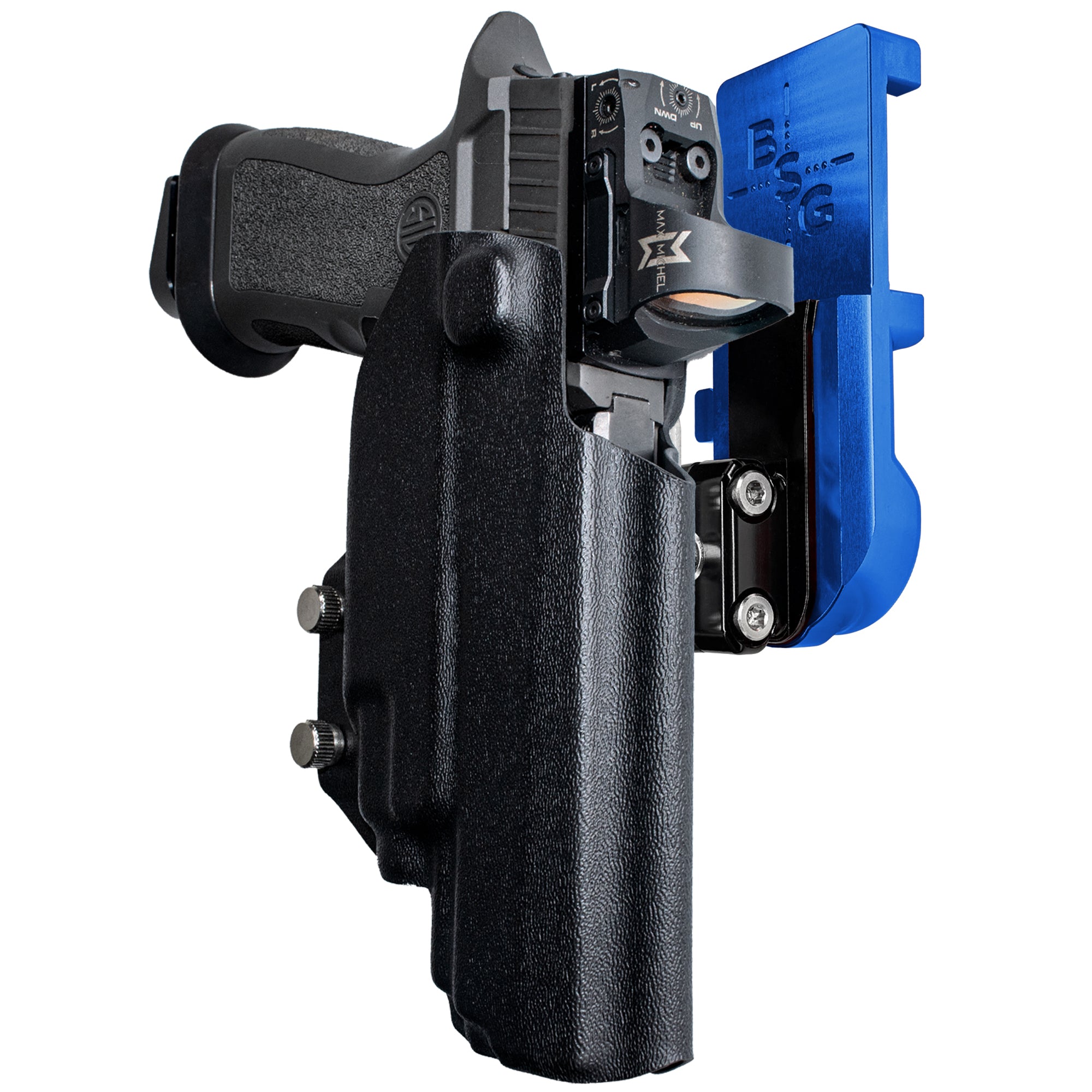 Sig P320 FS w TLR-7A/TLR-8A IPSC/USPA Quick Mount Ball Joint Holster with Blue Belt Attachment, Black Holster Shell
