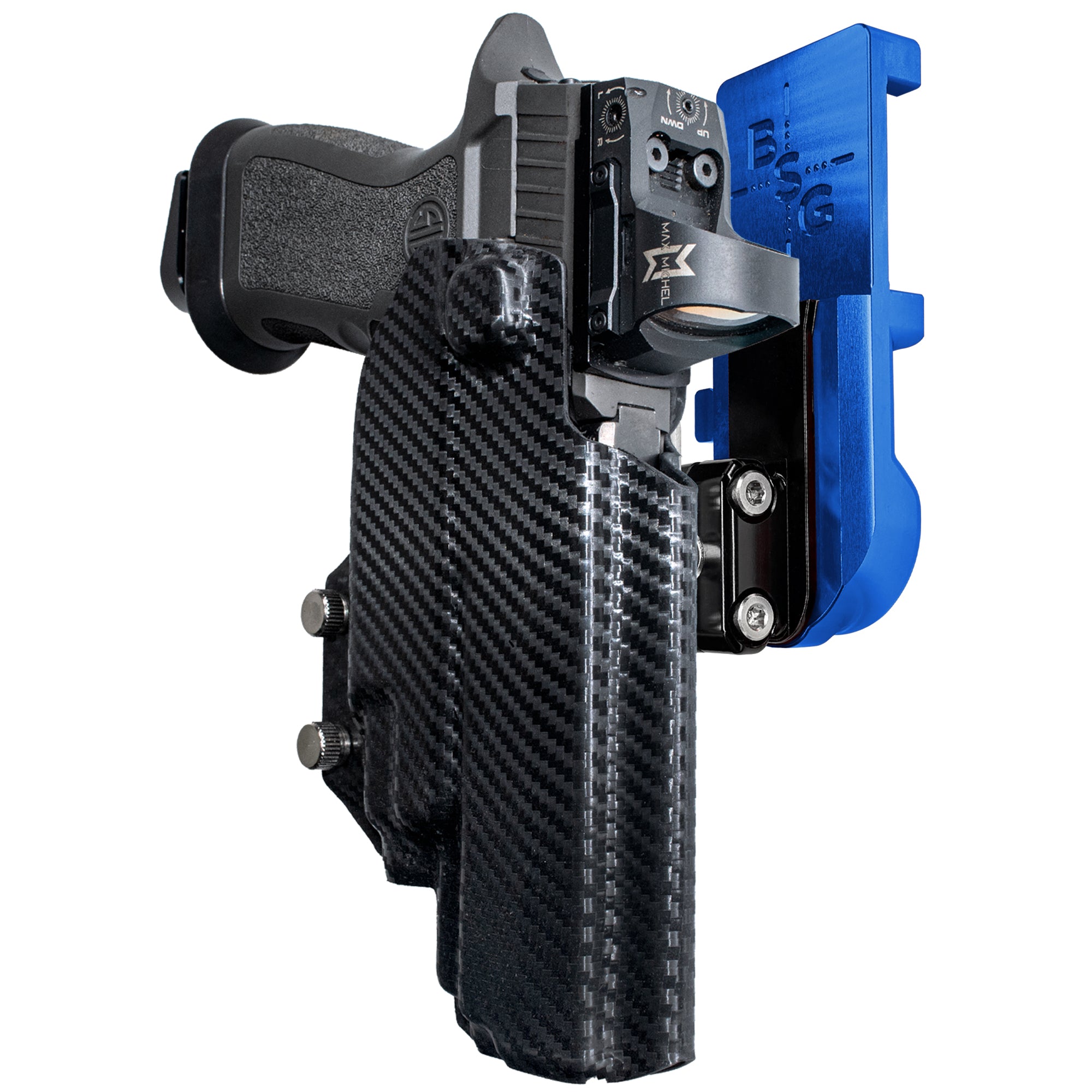 Sig P320 FS w TLR-7A/TLR-8A IPSC/USPA Quick Mount Ball Joint Holster with Blue Belt Attachment, Carbon Fiber Holster Shell