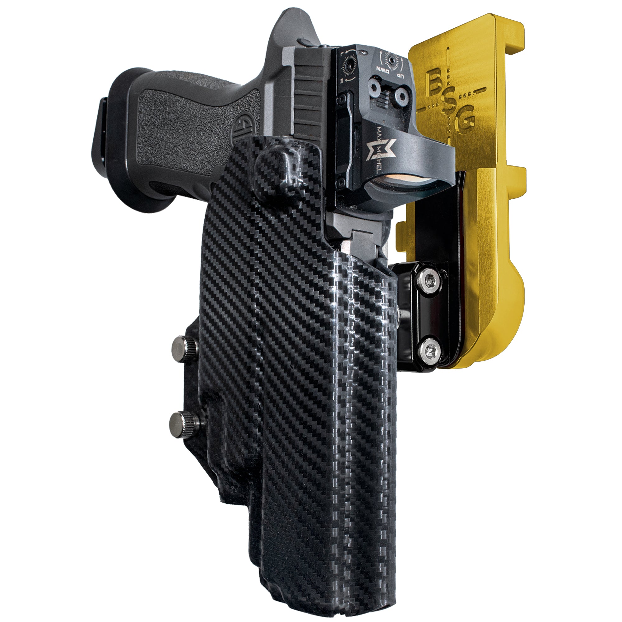 Sig P320 FS w TLR-7A/TLR-8A IPSC/USPA Quick Mount Ball Joint Holster with 24K Gold Belt Attachment, Carbon Fiber Holster Shell