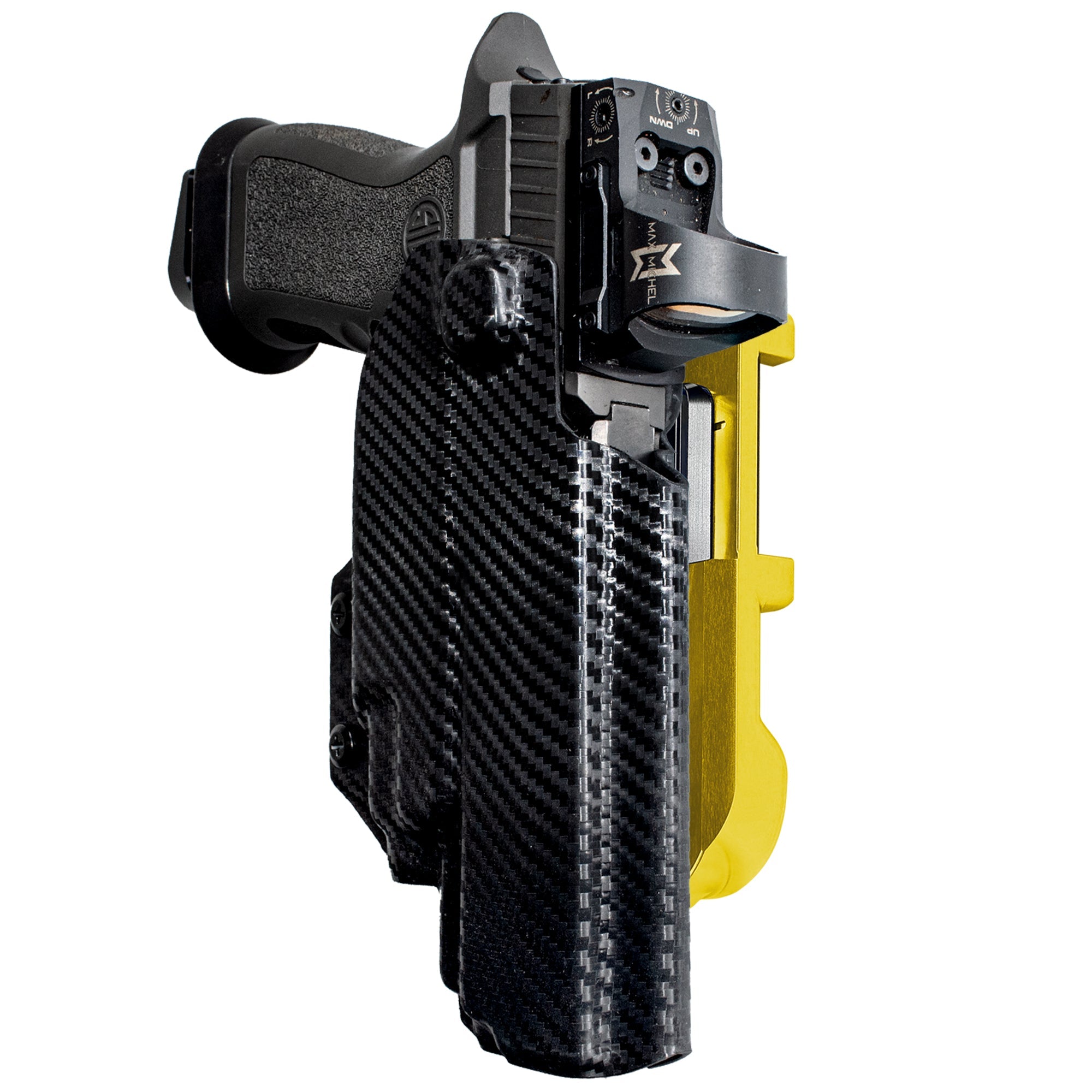 Sig P320 FS w TLR-7A/TLR-8A IDPA Quick Mount Holster with 24K Gold Belt Attachment, Carbon Fiber Holster Shell