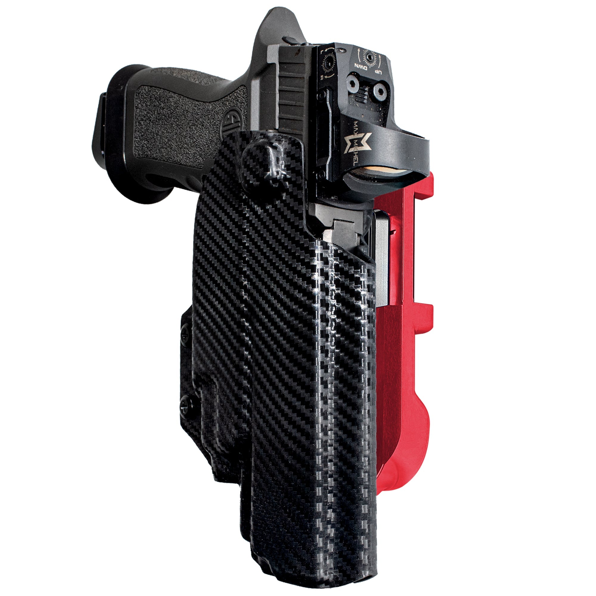 Sig P320 FS w TLR-7A/TLR-8A IDPA Quick Mount Holster with Red Belt Attachment, Carbon Fiber Holster Shell