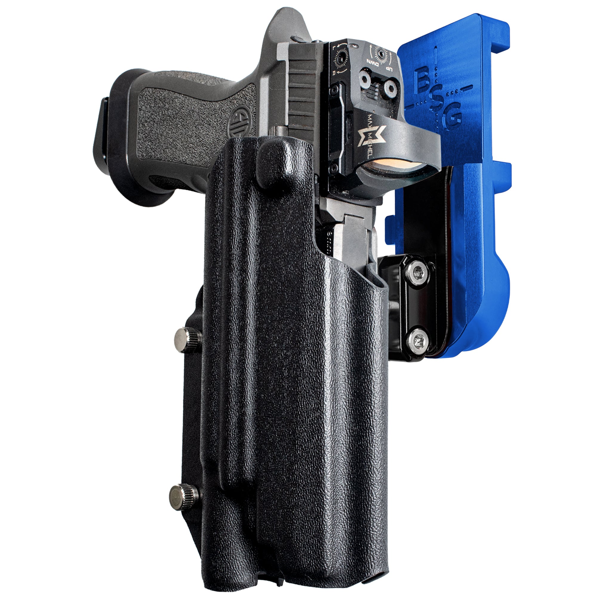 Sig P320 FS w X300U-A IPSC/USPA Quick Mount Ball Joint Holster with Blue Belt Attachment, Black Holster Shell