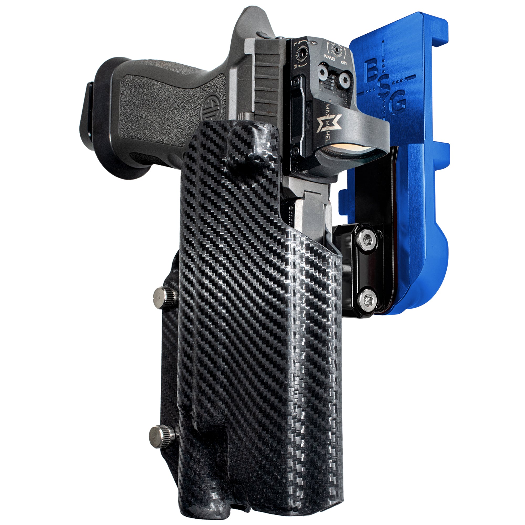 Sig P320 FS w X300U-A IPSC/USPA Quick Mount Ball Joint Holster with Blue Belt Attachment, Carbon Fiber Holster Shell