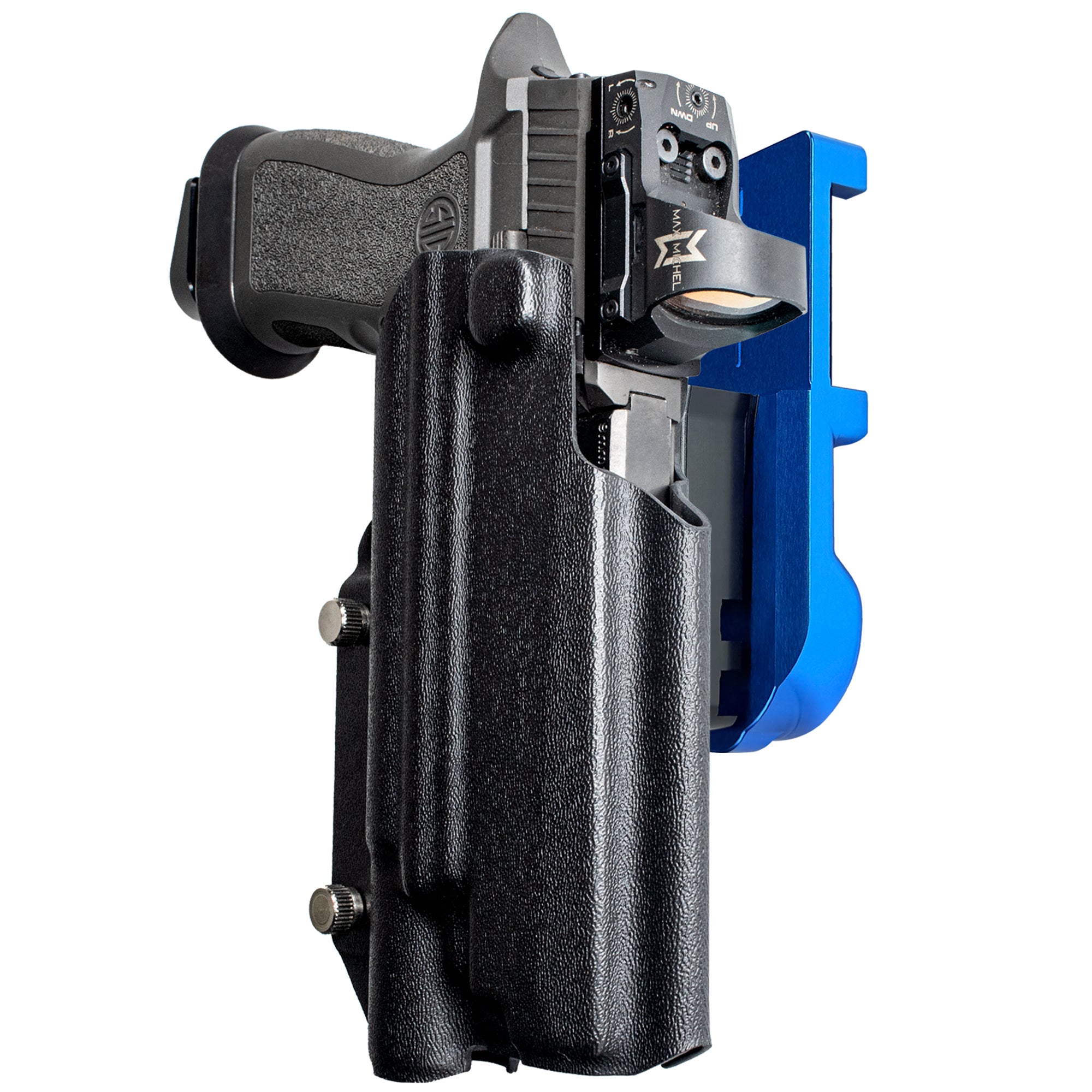 Sig P320 FS w X300U-A IPSC/USPA Quick Mount Holster with Blue Belt Attachment, Black Holster Shell