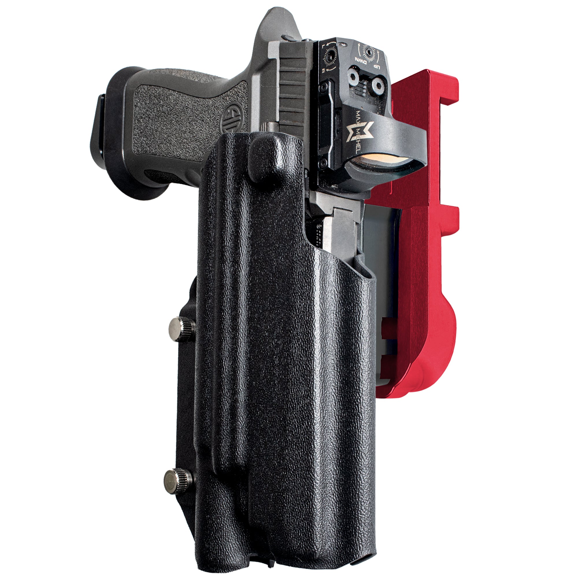Sig P320 FS w X300U-A IPSC/USPA Quick Mount Holster with Red Belt Attachment, Black Holster Shell