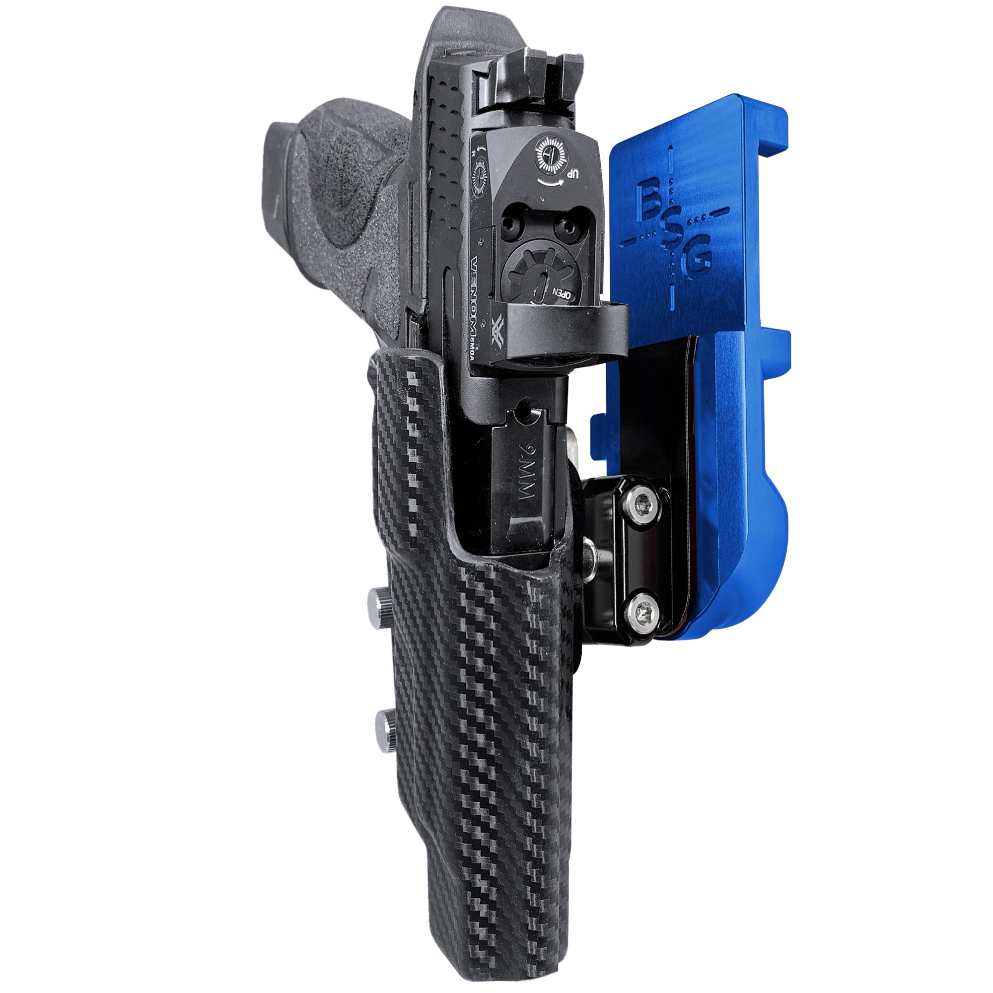 S&W M&P 5'' IPSC/USPA Quick Mount Ball Joint Holster with Blue Belt Attachment, Carbon Fiber Holster Shell