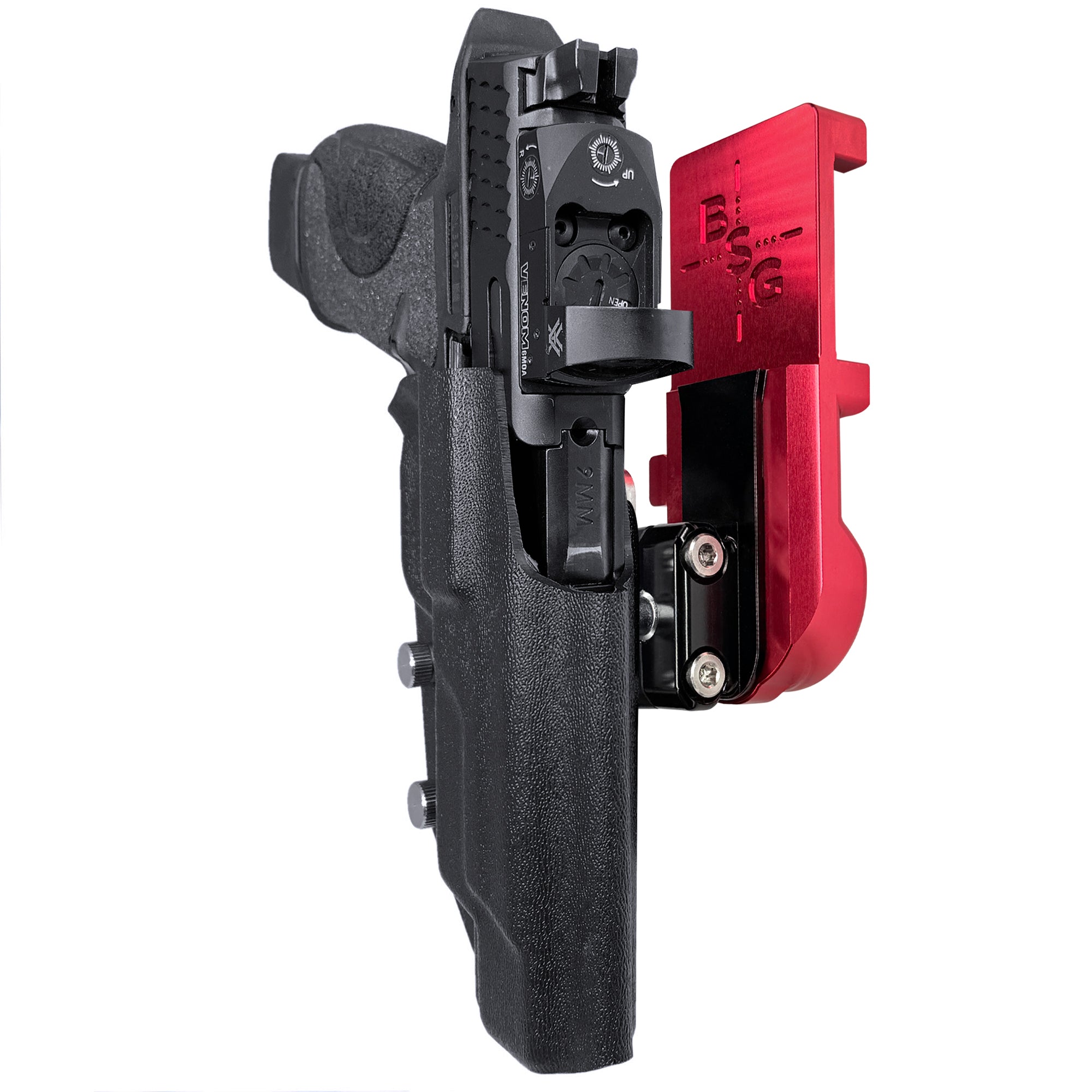 S&W M&P 5'' IPSC/USPA Quick Mount Ball Joint Holster with Red Belt Attachment, Black Holster Shell