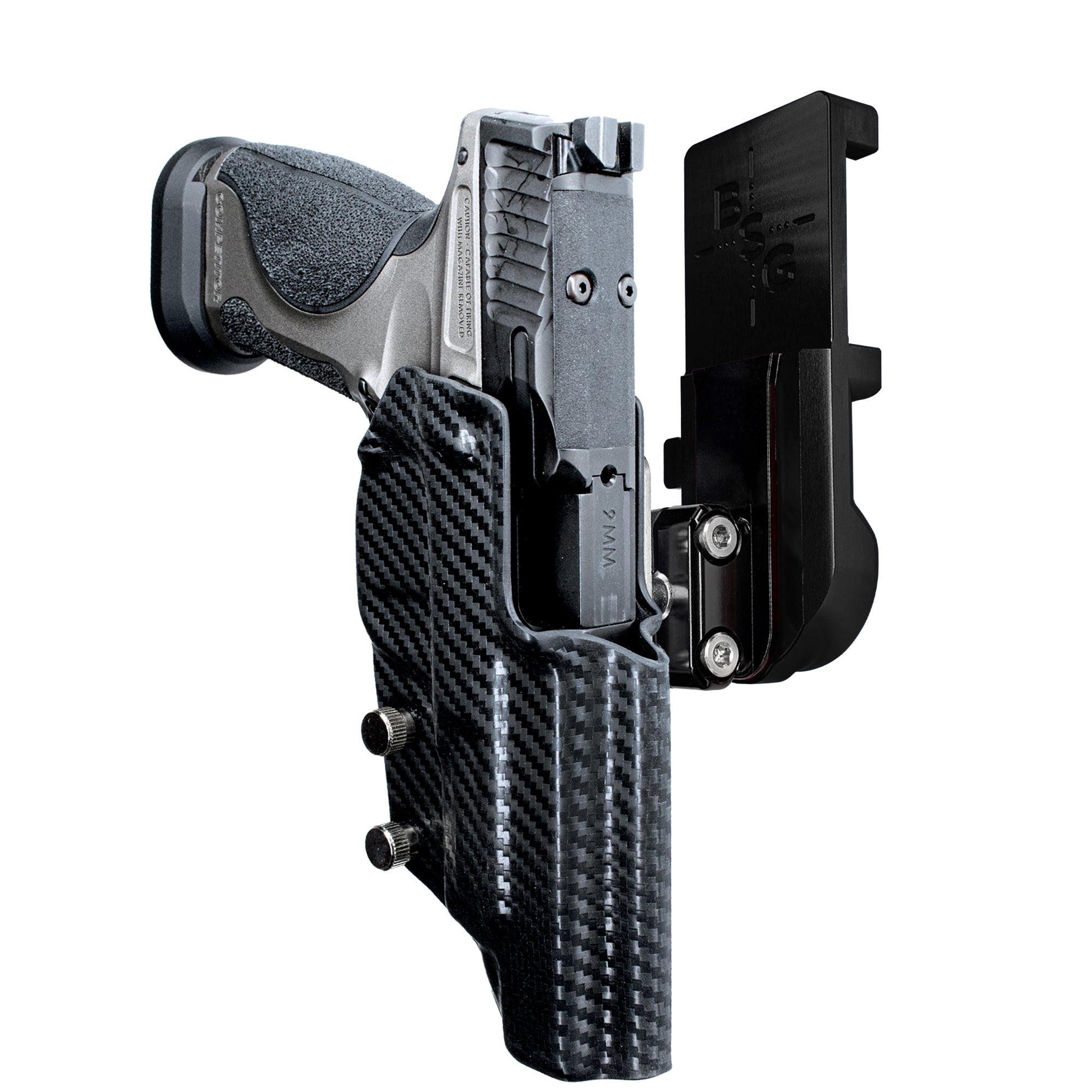 S&W M&P9 Competitor IPSC/USPA Quick Mount Ball Joint Holster with Black Belt Attachment, Carbon Fiber Holster Shell