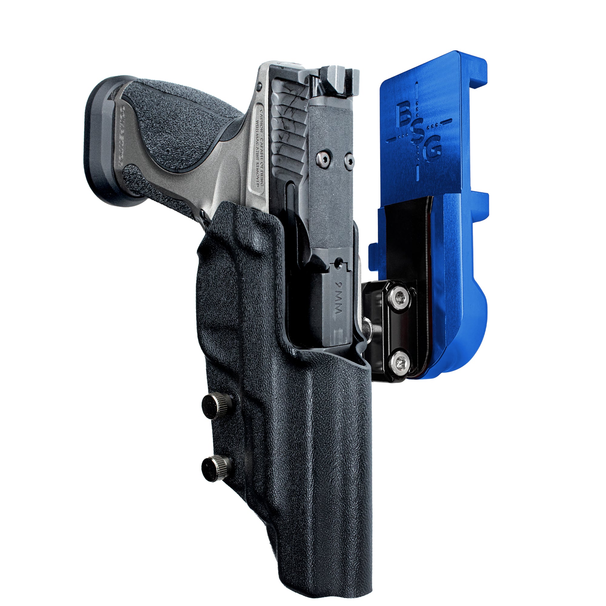 S&W M&P9 Competitor IPSC/USPA Quick Mount Ball Joint Holster with Blue Belt Attachment, Black Holster Shell