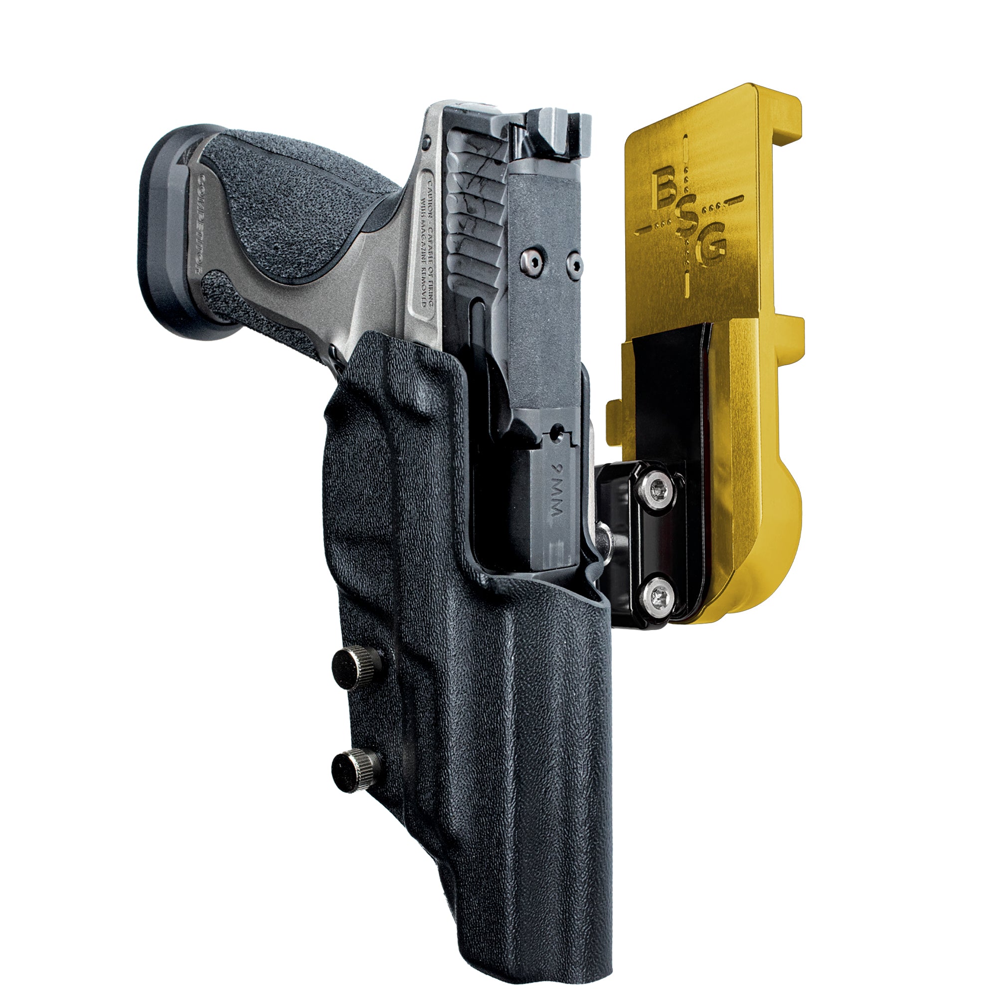 S&W M&P9 Competitor IPSC/USPA Quick Mount Ball Joint Holster with 24K Gold Belt Attachment, Black Holster Shell
