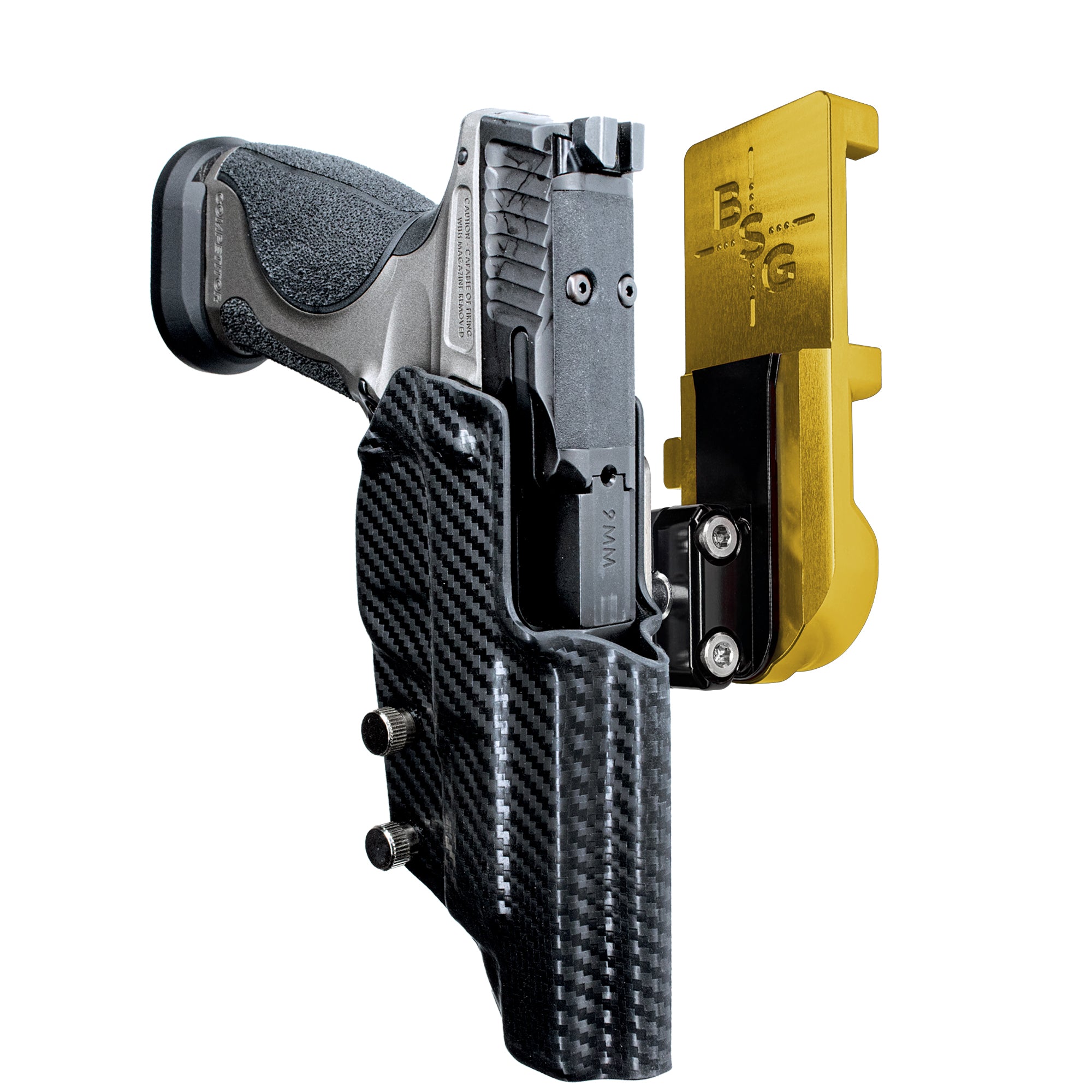 S&W M&P9 Competitor IPSC/USPA Quick Mount Ball Joint Holster with 24K Gold Belt Attachment, Carbon Fiber Holster Shell