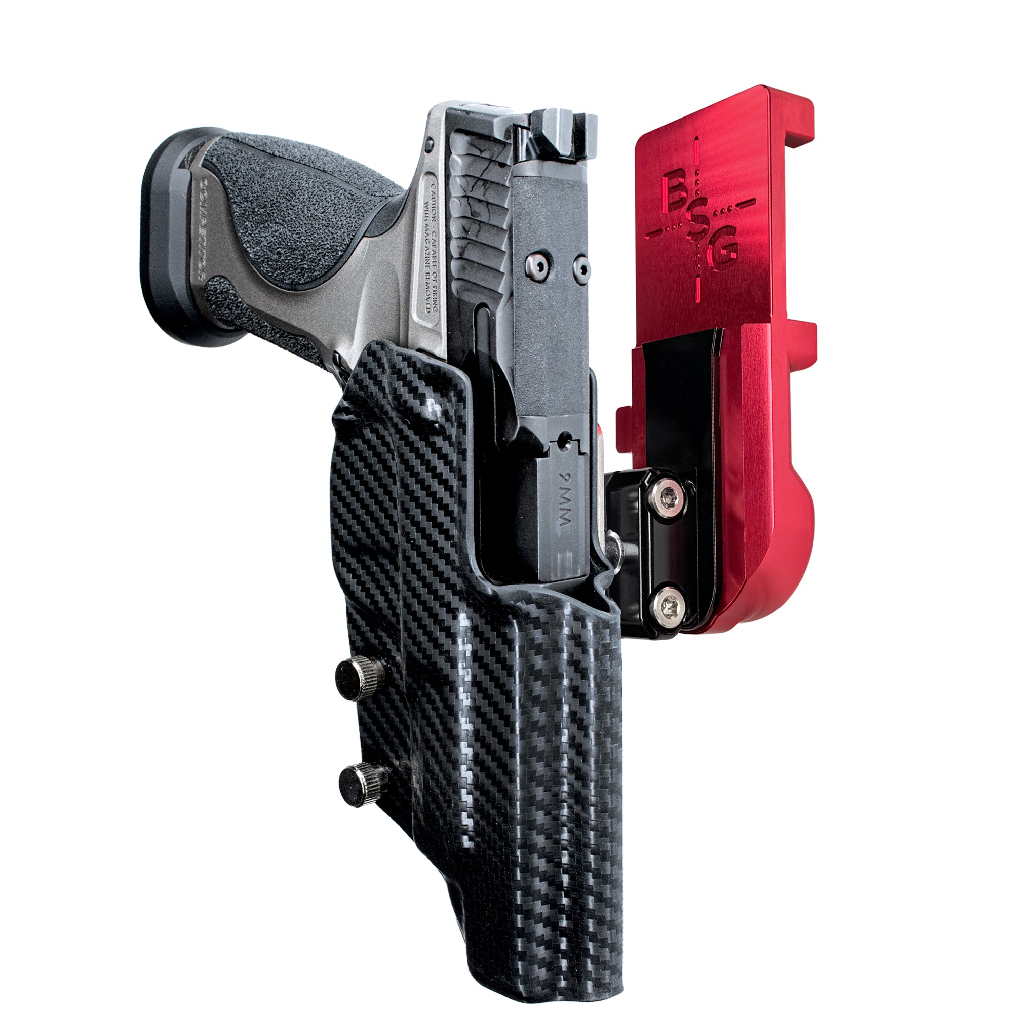 S&W M&P9 Competitor IPSC/USPA Quick Mount Ball Joint Holster with Red Belt Attachment, Carbon Fiber Holster Shell