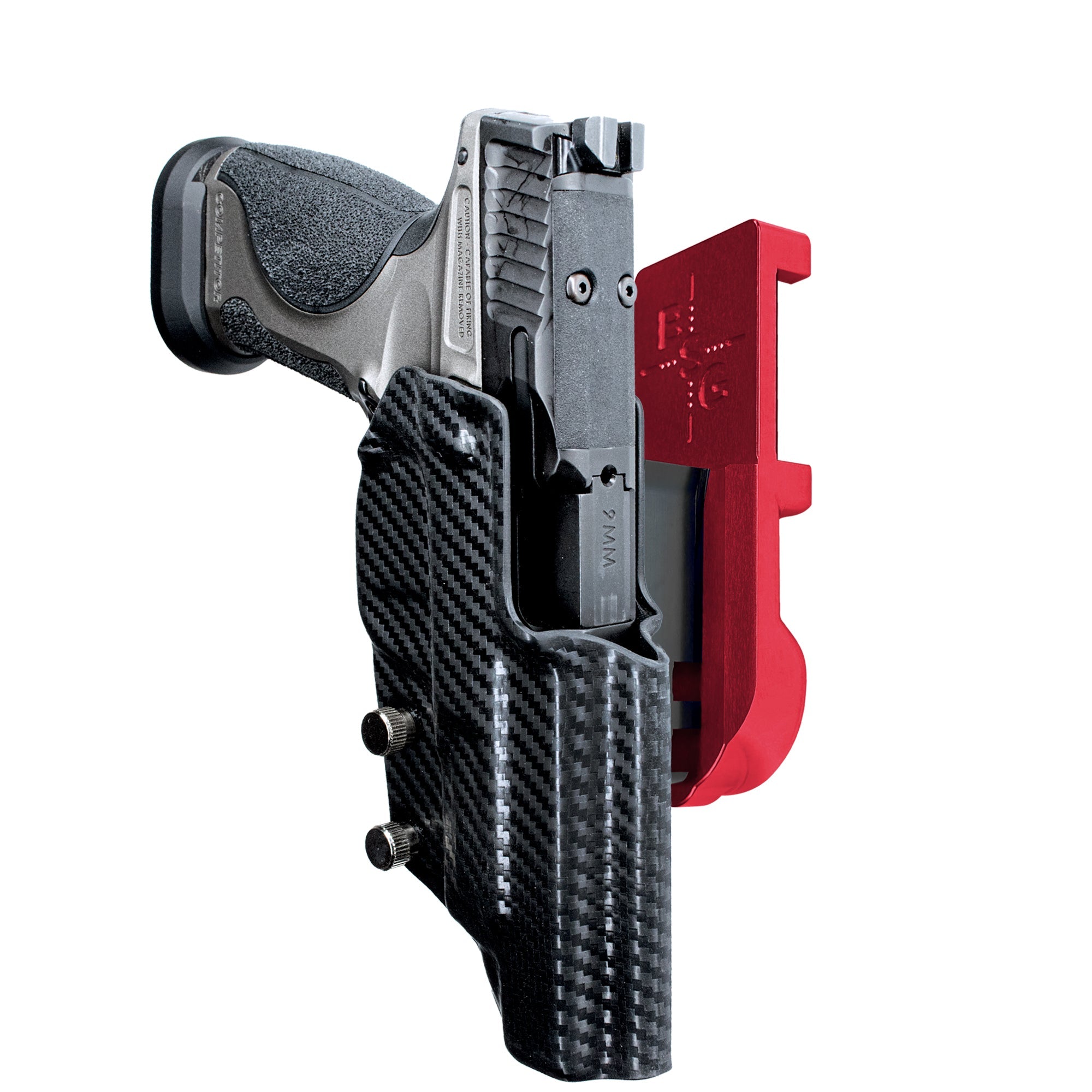 S&W M&P9 Competitor IPSC/USPA Quick Mount Holster with Red Belt Attachment, Carbon Fiber Holster Shell